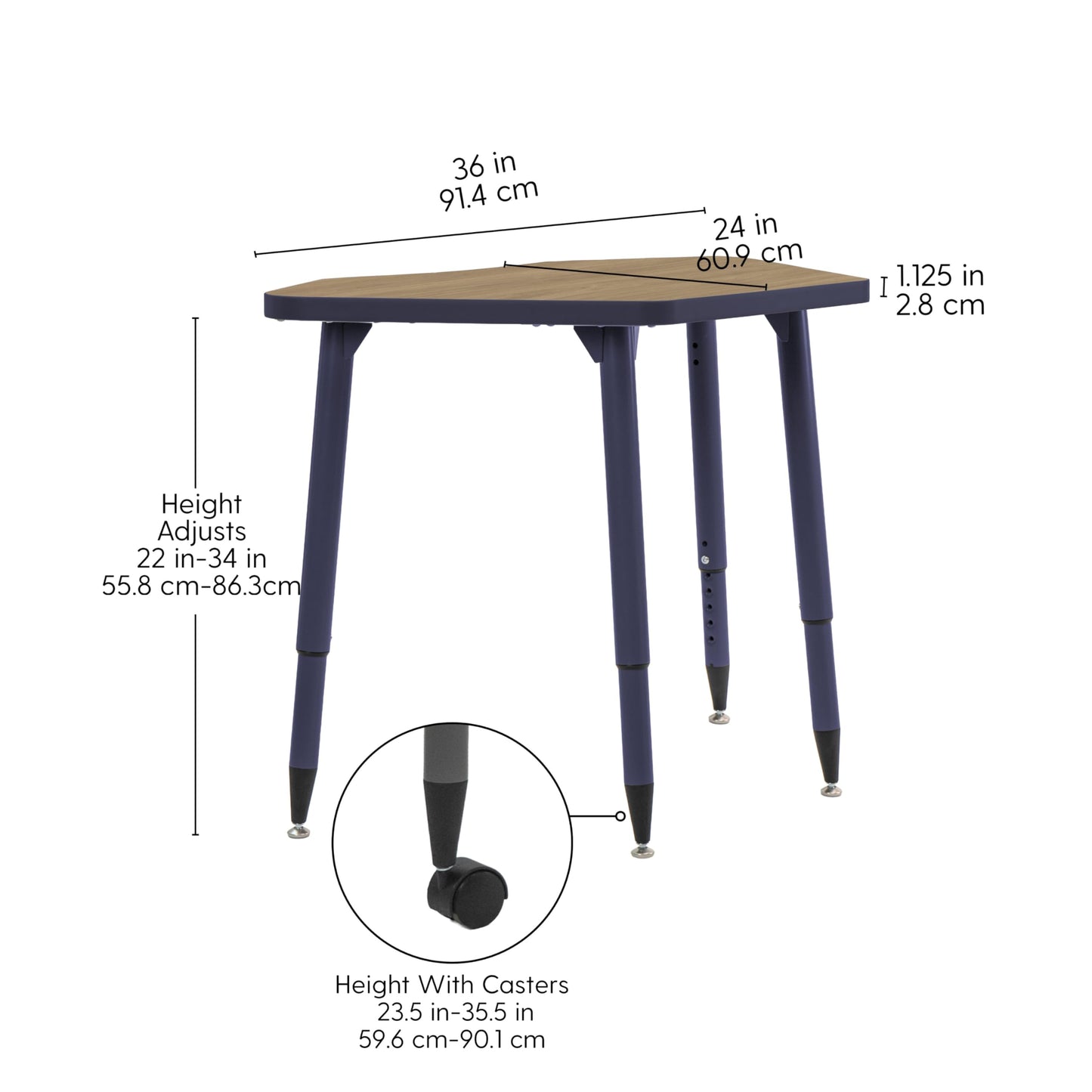 Adapte Commercial Classroom Activity Table - 24" x 36" Petal, ADA Compliant Tapered Legs with Glides & Casters, Adjustable Height 22-34" Wheelchair Accessible, School & Office Furniture