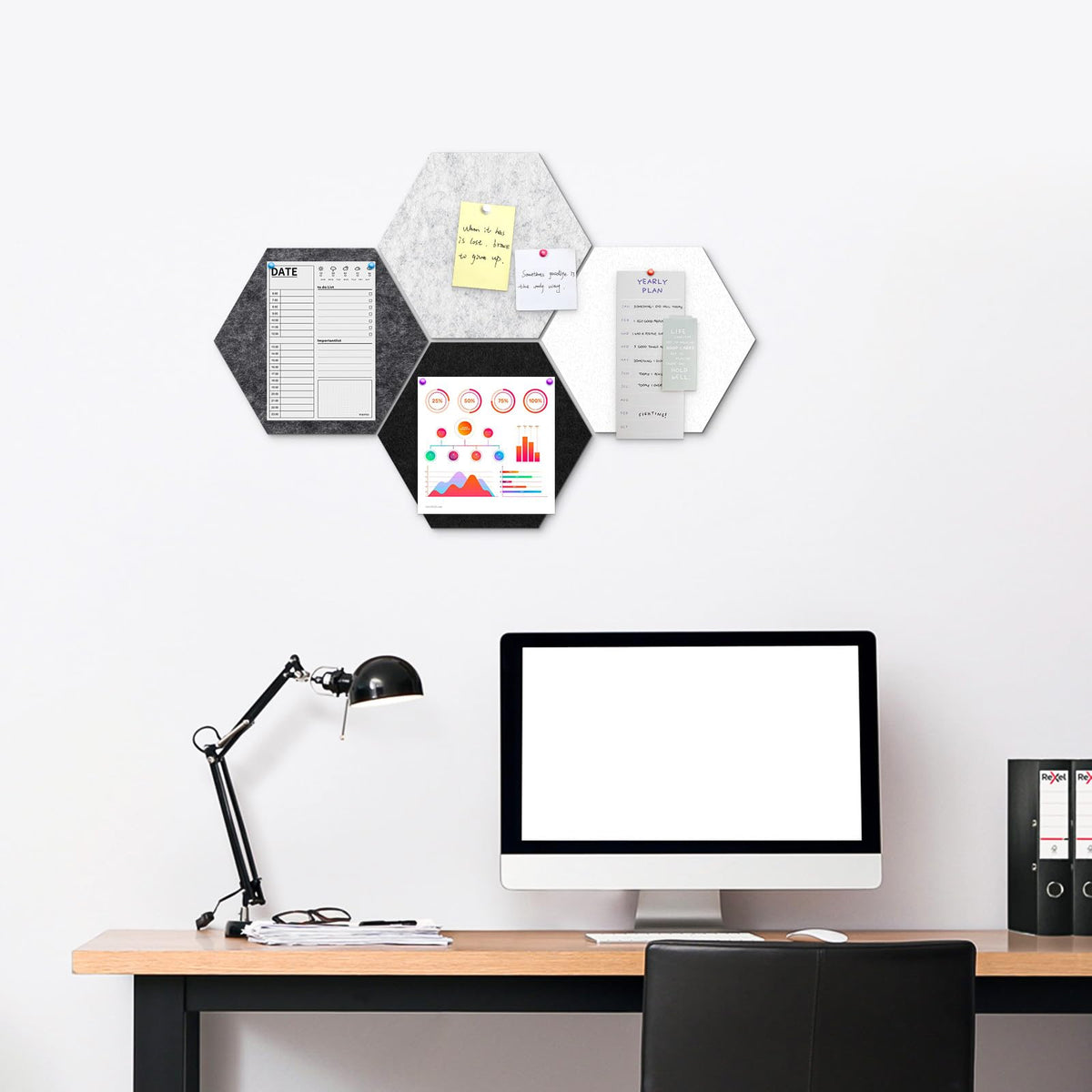 Uoisaiko 4 Pack Hexagon Felt Bulletin Board Tiles - 12" Large Thick Pin Board for Walls with 30 Push Pins, DIY Boards for Office Home School Decor, Aesthetic Hex Cork Board Alternative