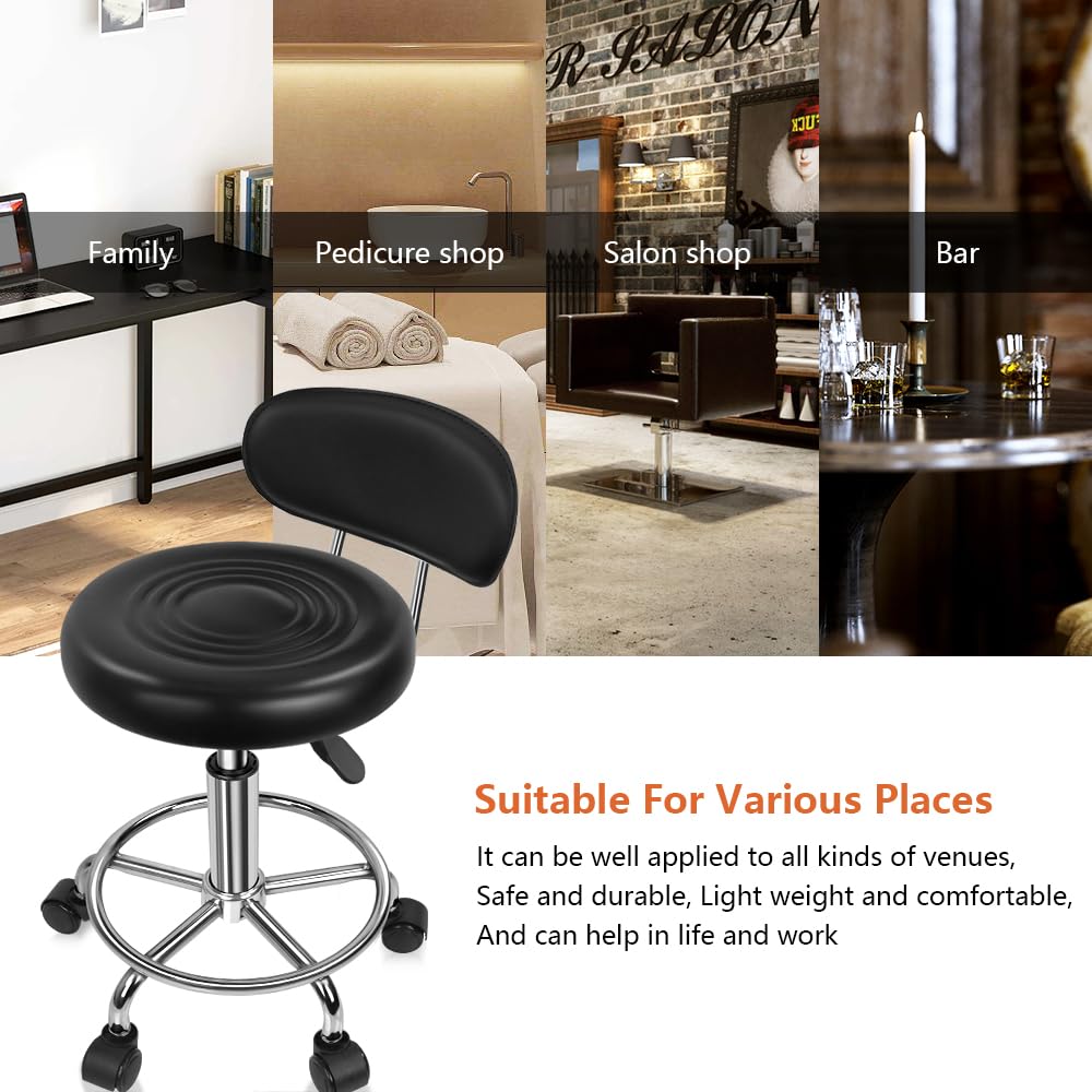 KKTONER PU Leather Modern Rolling Stool with Low Back Height Adjustable Work Salon Drafting Swivel Task Chair with Footrest (Black)