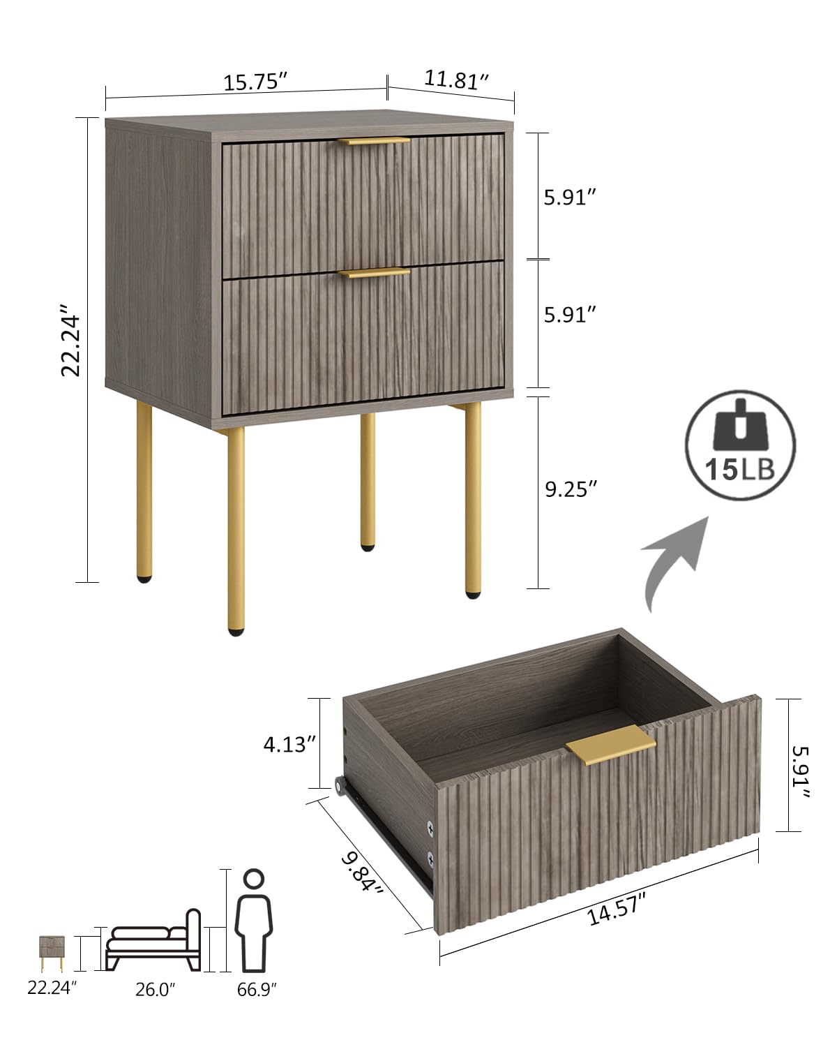 Masupu Night Stand,Mid-Century Modern Bedside Table with 2 Storage Drawer,Small Gold Frame Side End Table for Bedroom,Living Room, Grey