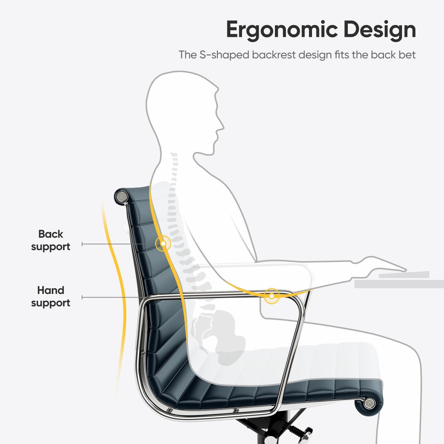OTDMEL Ribbed Office Chair with Top Grain Leather - Mid Back Ergonomic Desk Chair with Aluminum Arms & Frame, Swivel Wheels & Tilt Function, Adjustable Height Dark Blue