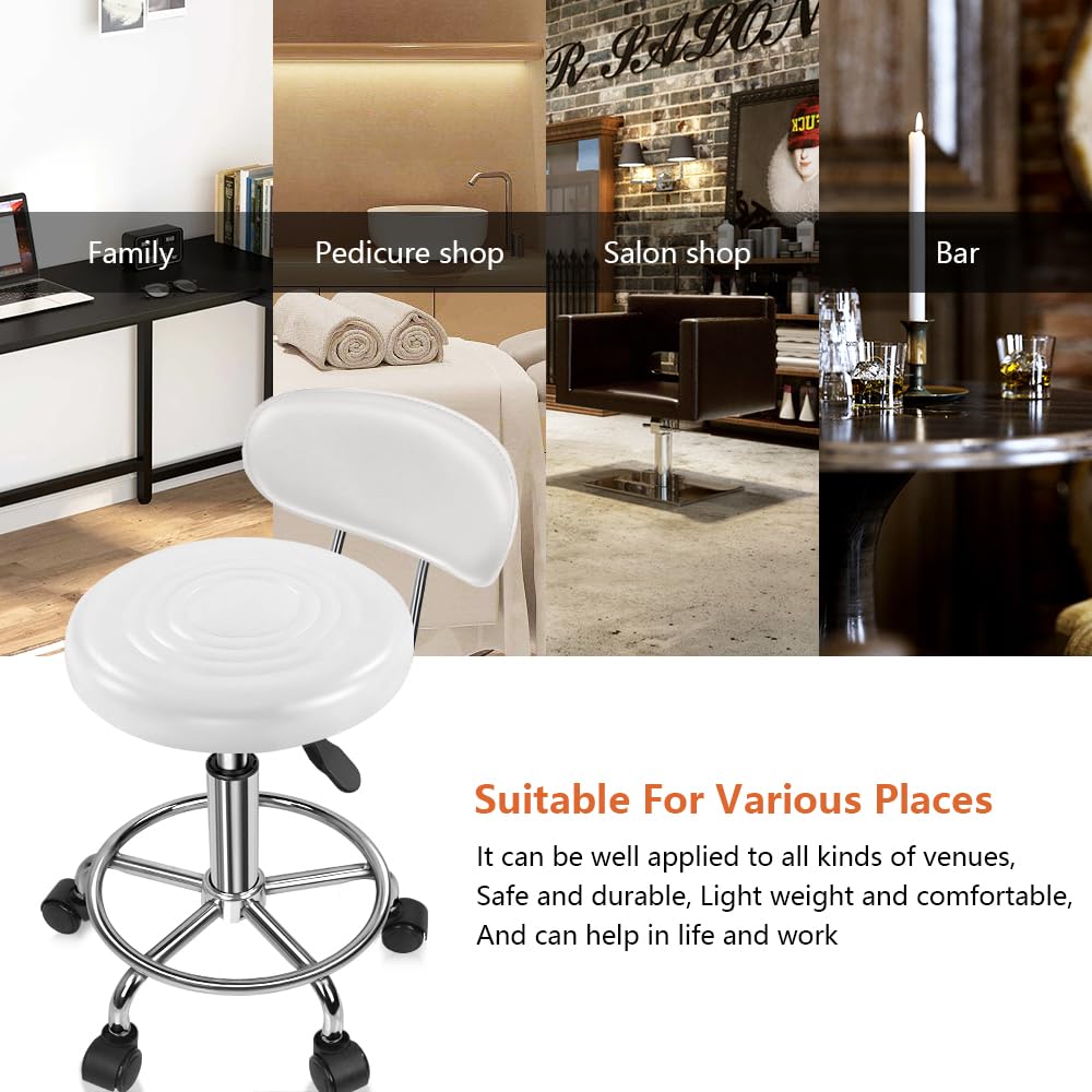 KKTONER PU Leather Modern Rolling Stool with Low Back Height Adjustable Work Salon Drafting Swivel Task Chair with Footrest (White)