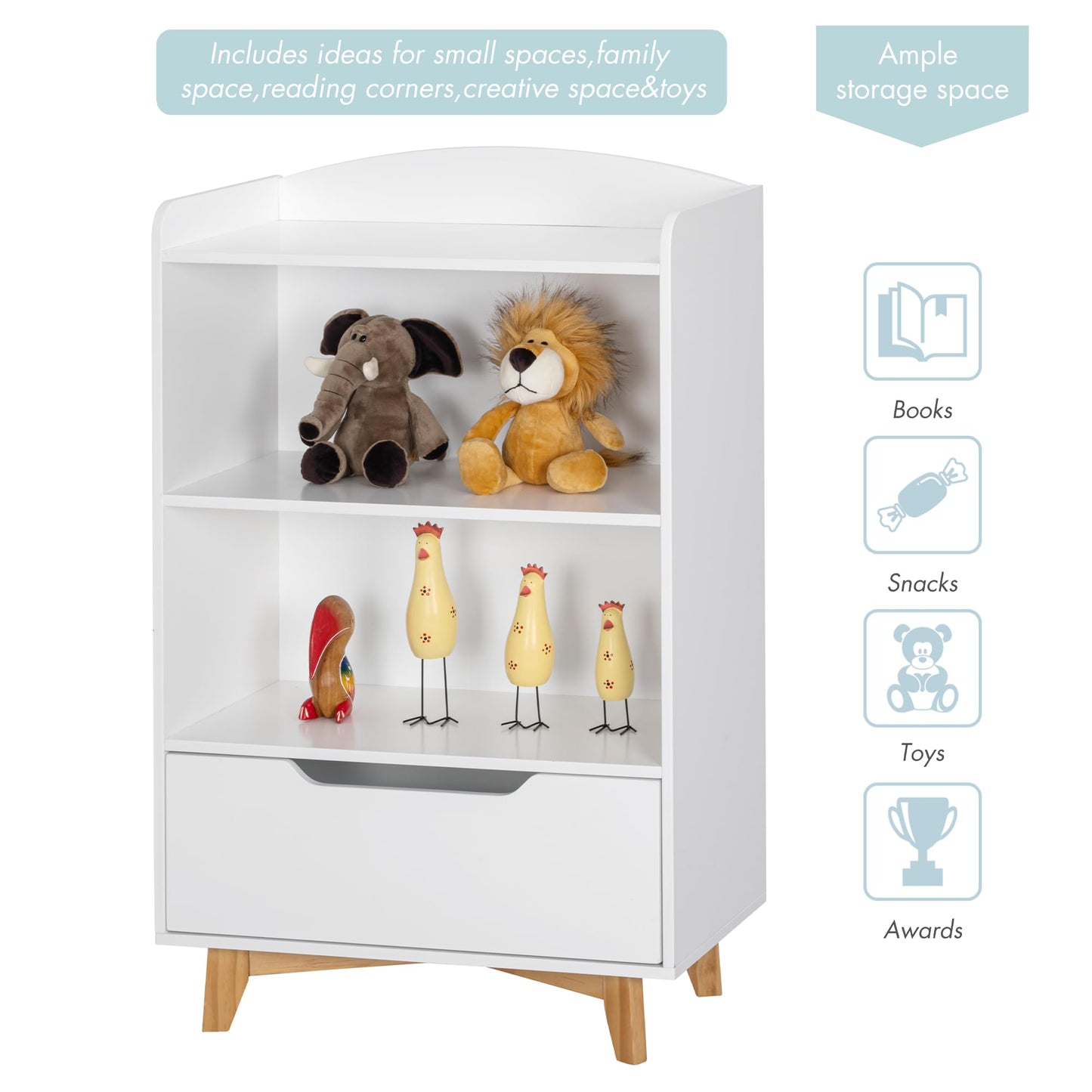 UTEX Kids Bookshelf, Children Bookcases with Storage and Drawer, Wood Kids Toy Storage Organizer for Playroom, Nursery School, White