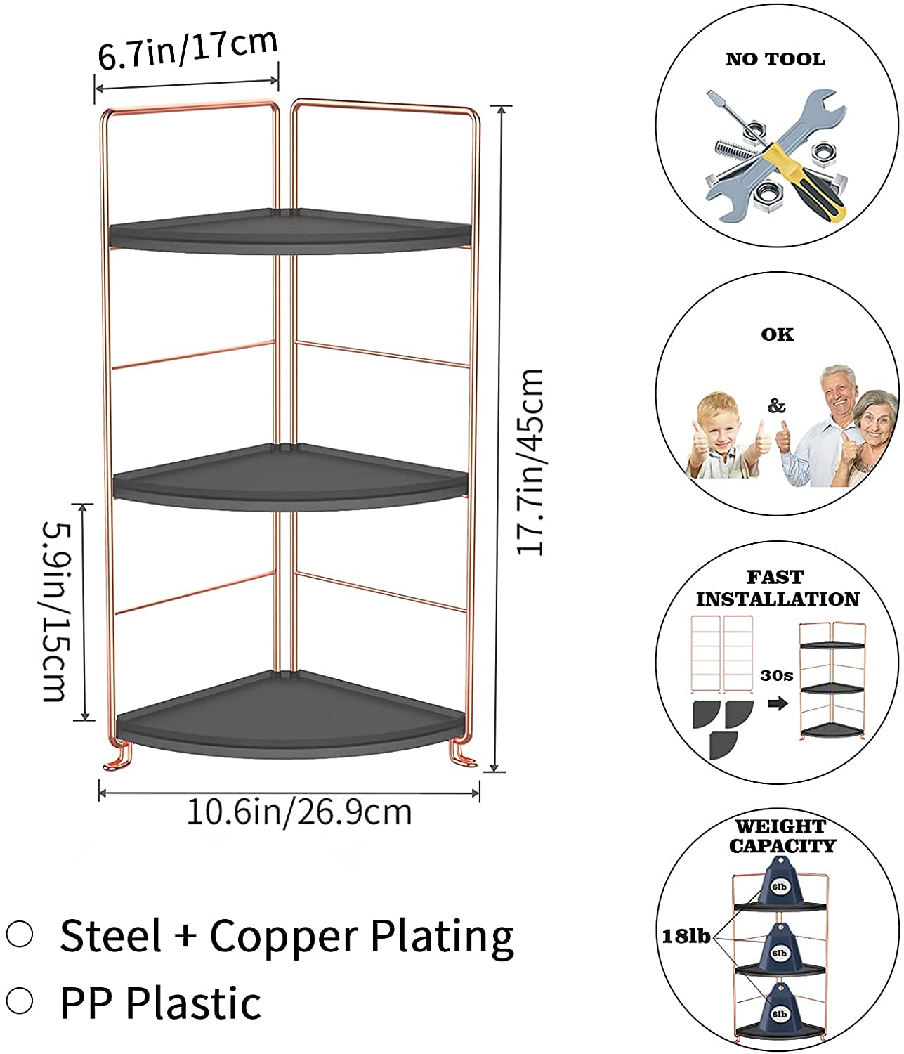 3-Tier Bathroom Countertop Organizer, Vanity Tray Cosmetic & Makeup Storage, Kitchen Spice Rack Standing Shelf, Corner Storage Shelf, Black & Rose Gold