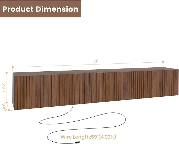 71” Floating TV Stand with LED Lights & Charging Station, Wall Mounted