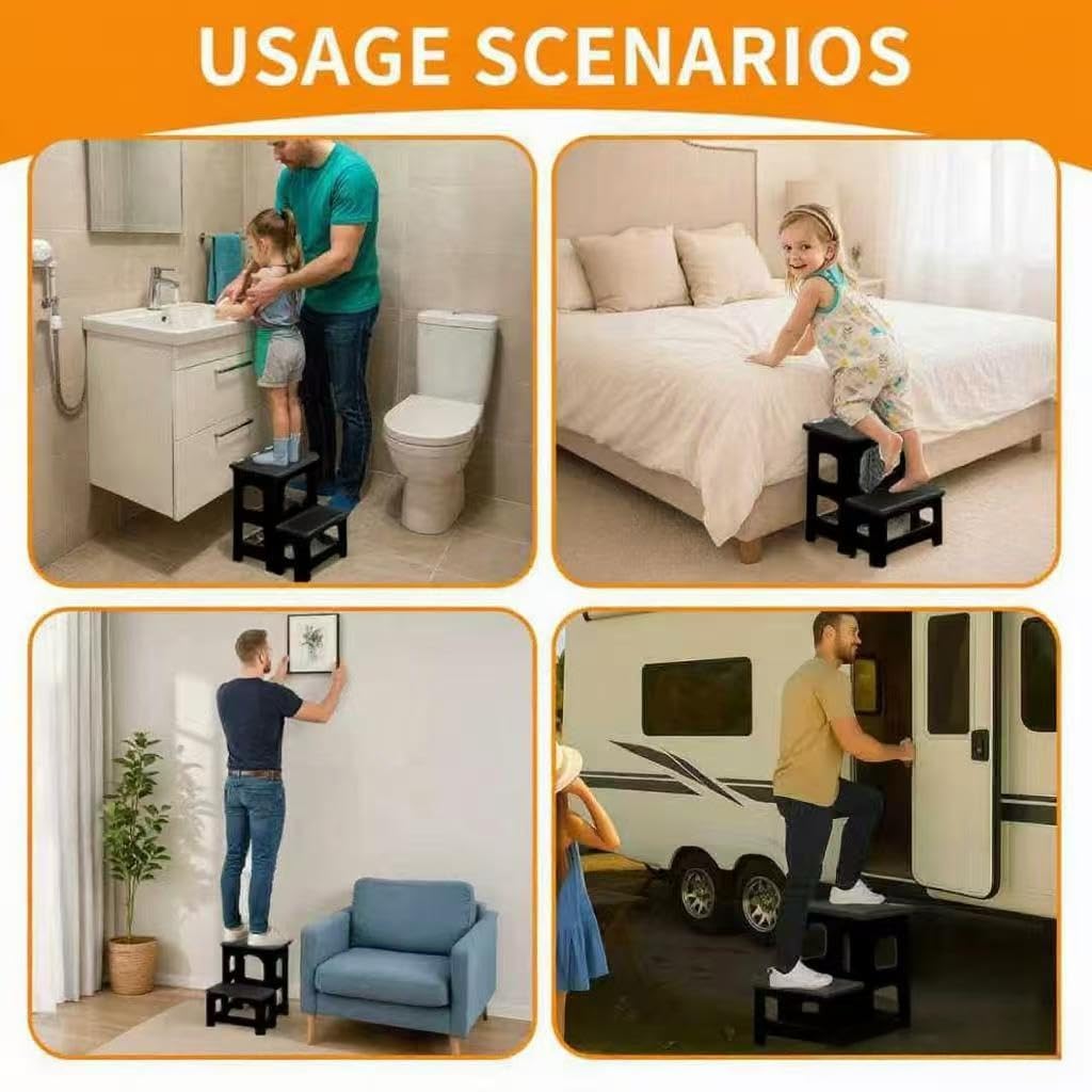 2 Step Stool Foldable, Non-Slip Steps, Folding Step Stool for Adults & Kids, Plastic Stool Pool Ladder, Collapsible Stools 2 Step Ladder for Kitchen Toilet Bedroom Office RV, Holds 330 lbs, Black