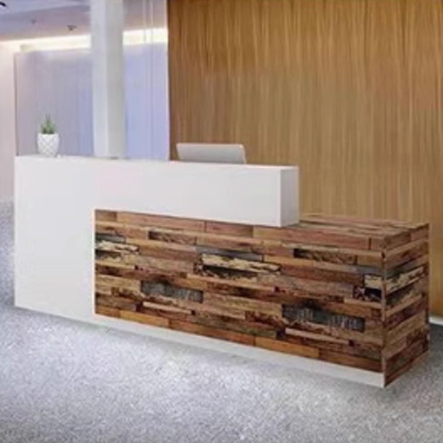 Modern Reception Desk for Office & Salon, 1.4m Stylish Engineered Wood Counter Table - White & Dark Natural Finish, Ideal for Retail Spaces & Reception Areas
