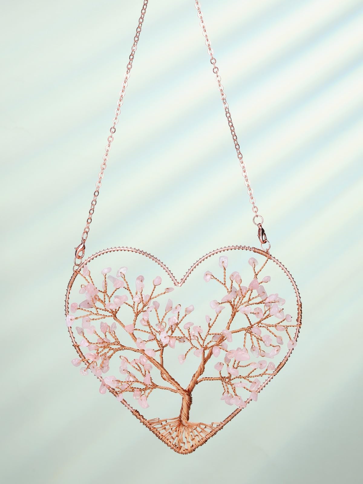 CrystalTears Rose Quartz Crystal Tree Life Heart Hanging Ornament for Home Wall Window Room Decor, Healing Crystals Gemstone Wall Hanger, Positive Crystal Gifts for Women Mom Birthday Christmas