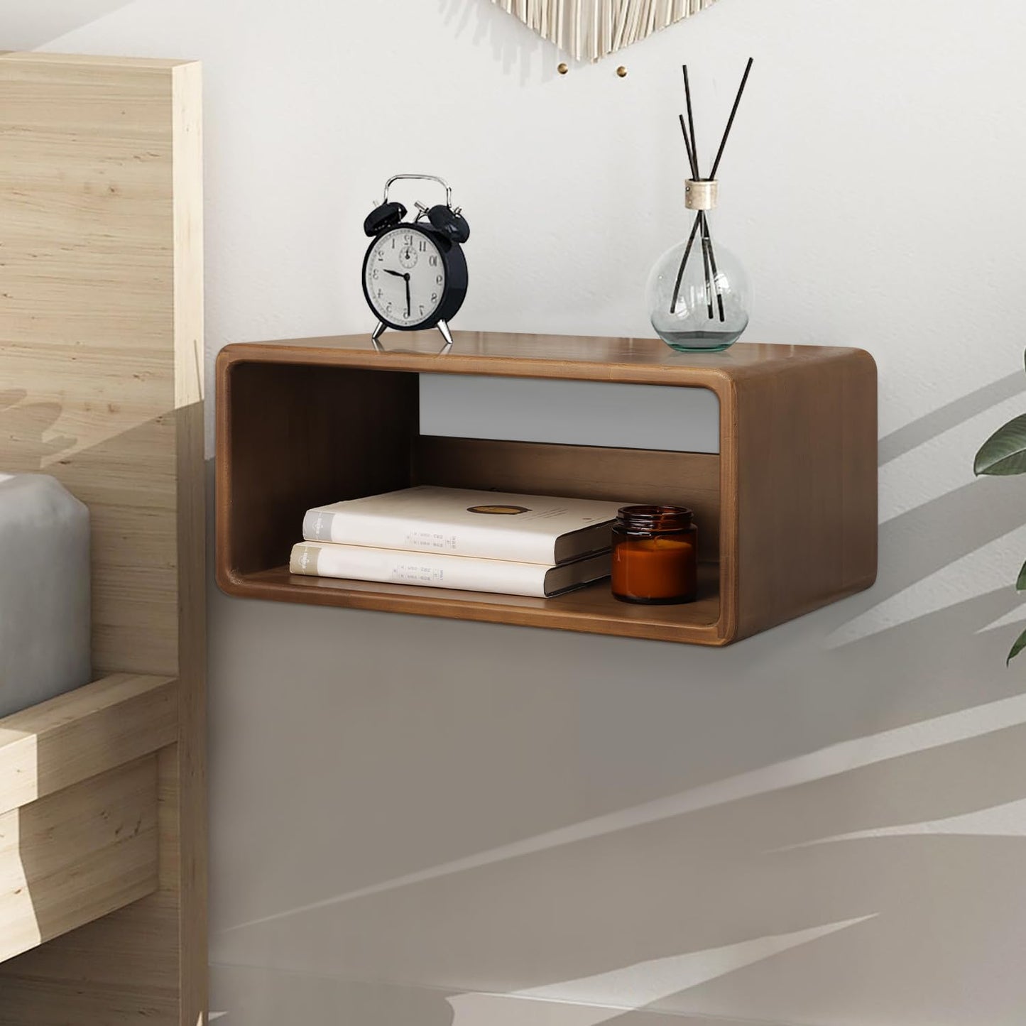 WDSHIYI Floating Nightstand, Wall Mounted Bedside Shelf, Handmade Bedroom Furniture,Pine Wood Floating Bedside Table, Minimalist and Unique Style 18”x 10”x 7.5” Brown
