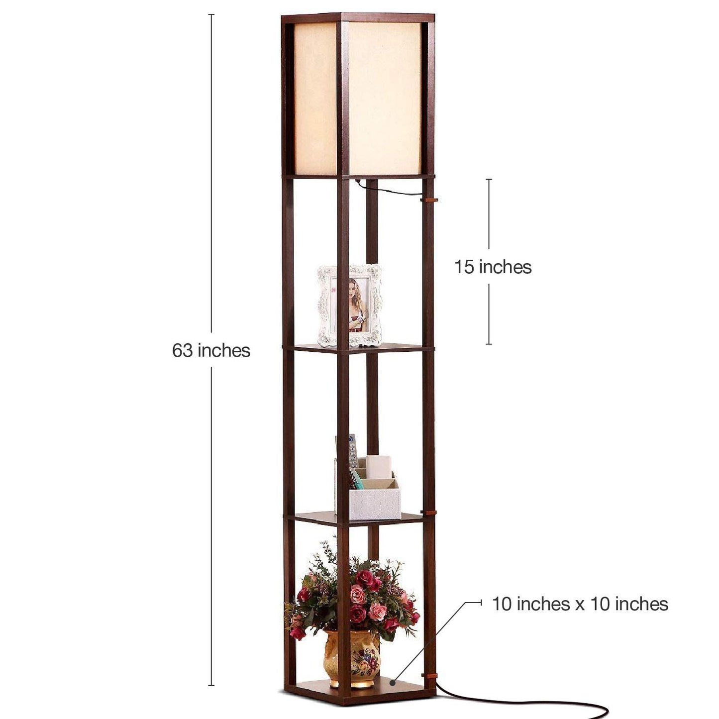 Brightech Maxwell - Modern Shelf Floor Lamp with Lamp Shade & Warm White LED Bulb, Corner Display Floor Lamp with Shelves for Living Room, Bedroom, Nightstand Office, Home Decor Storage - Havana Brown