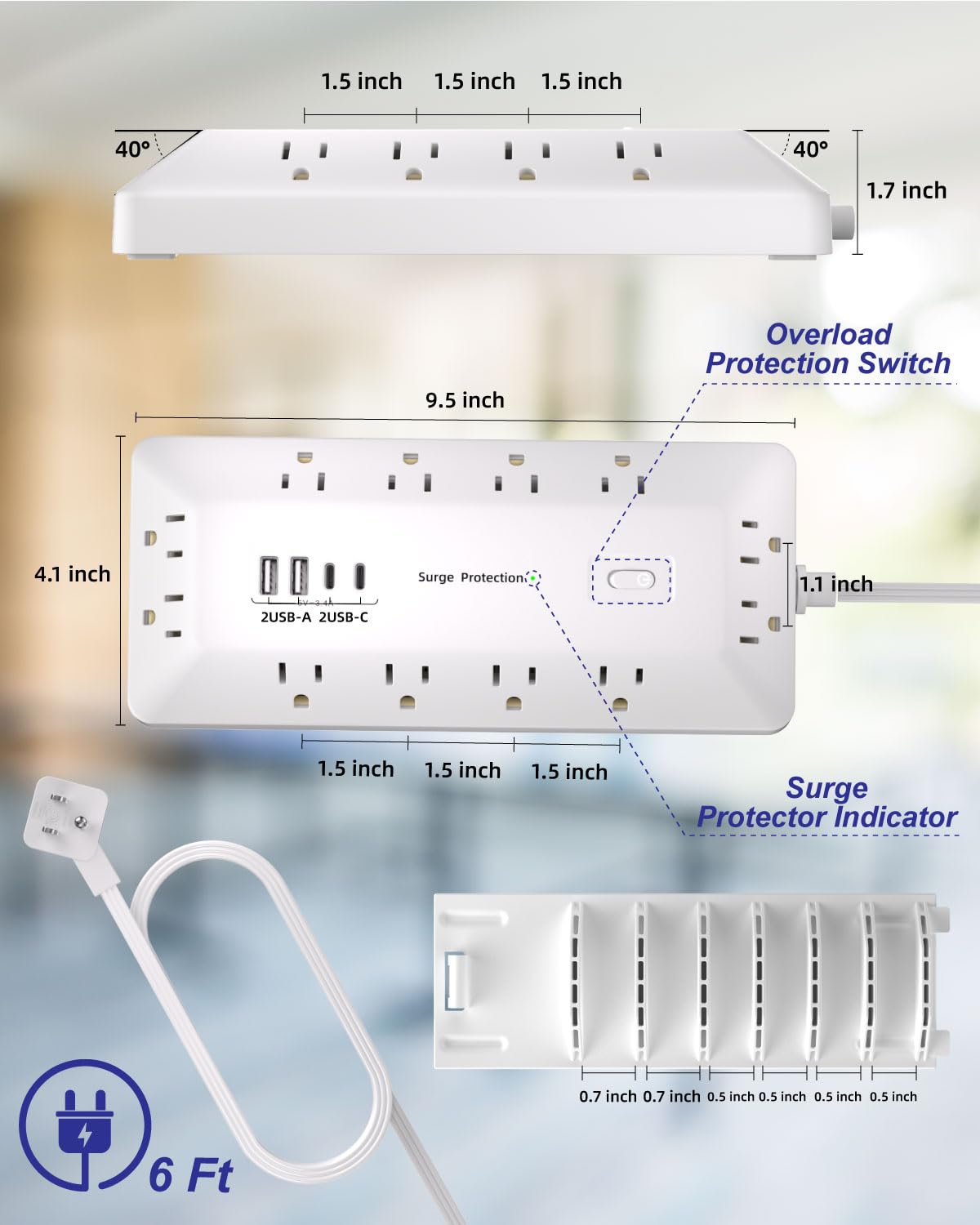 VIPWELL 16 in 1 Surge Protector Power Strip with 4 USB (2 USB C) and 12 AC Outlets Extender, 6 Ft Flat Plug Extension Cord, Cable Management Outlets for Home Office and Dorm Rooms (White)