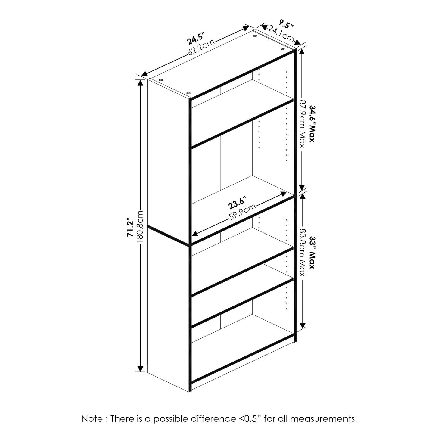 Furinno JAYA Book Shelf, 5-Tier Bookshelf, Bookcase with Adjustable Shelves, 9.5" x 24.5" x 71.2", for Organization and Storage, for Living Room, Bedroom, Home Office, Espresso