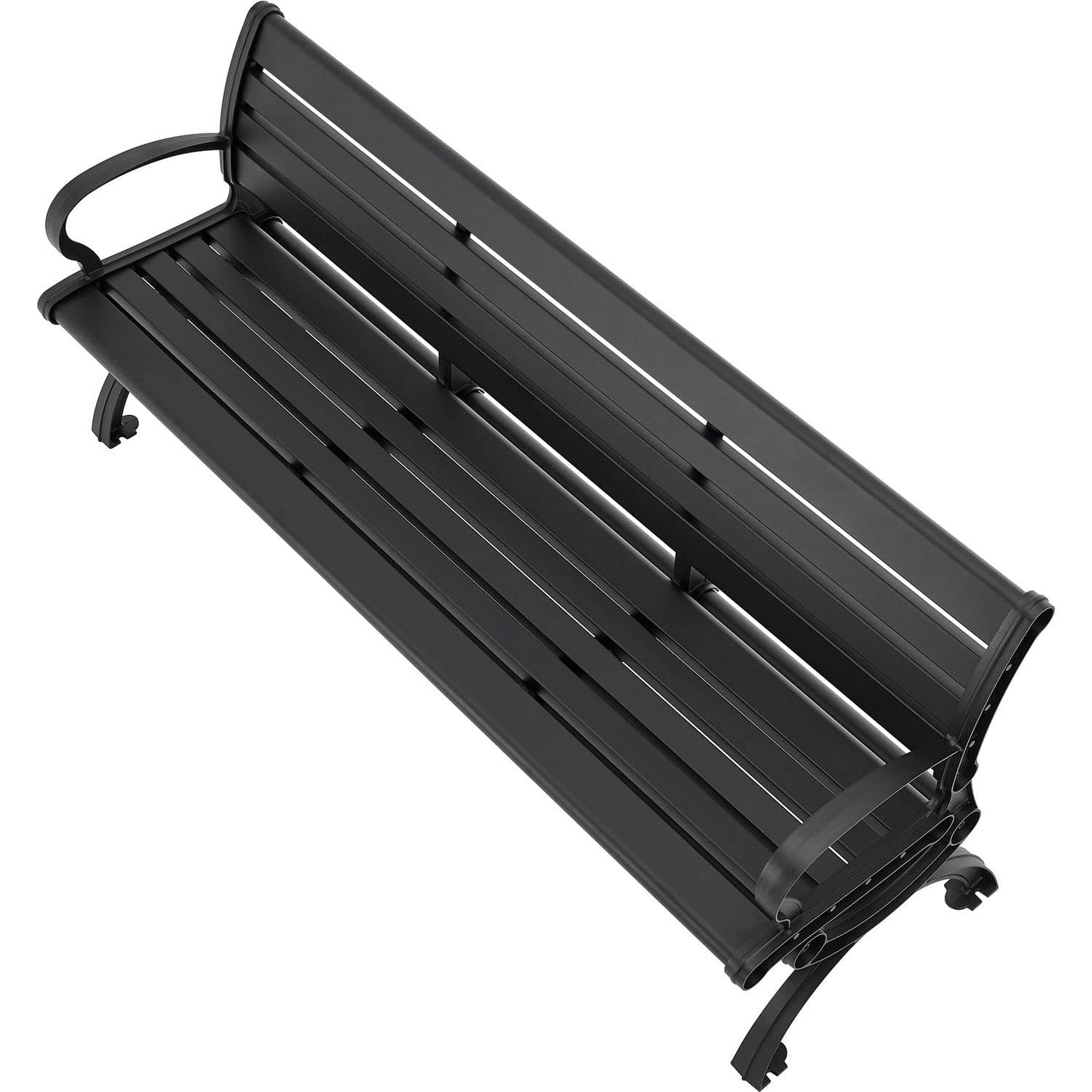 Global Industrial 6'L Outdoor Park Bench with Backrest, Horizontal Slats, Aluminum, 1100 lbs Capacity, Powder Coated Black Finish, Unassembled, Commercial Seating