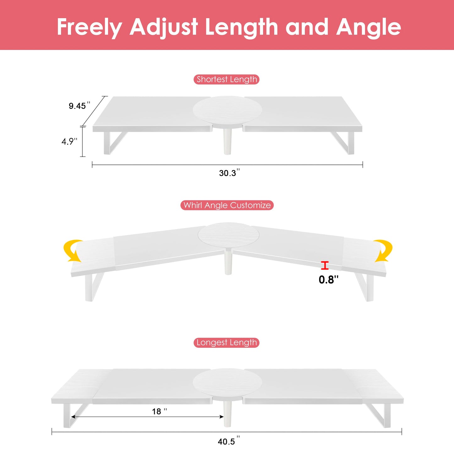 Across-Star Dual-Monitor Stand for Desk - Large Adjustable Length and Angle Riser for 2 Monitors, Double Computer Desktop Organizer, Shelf for TV, Laptop, Printer