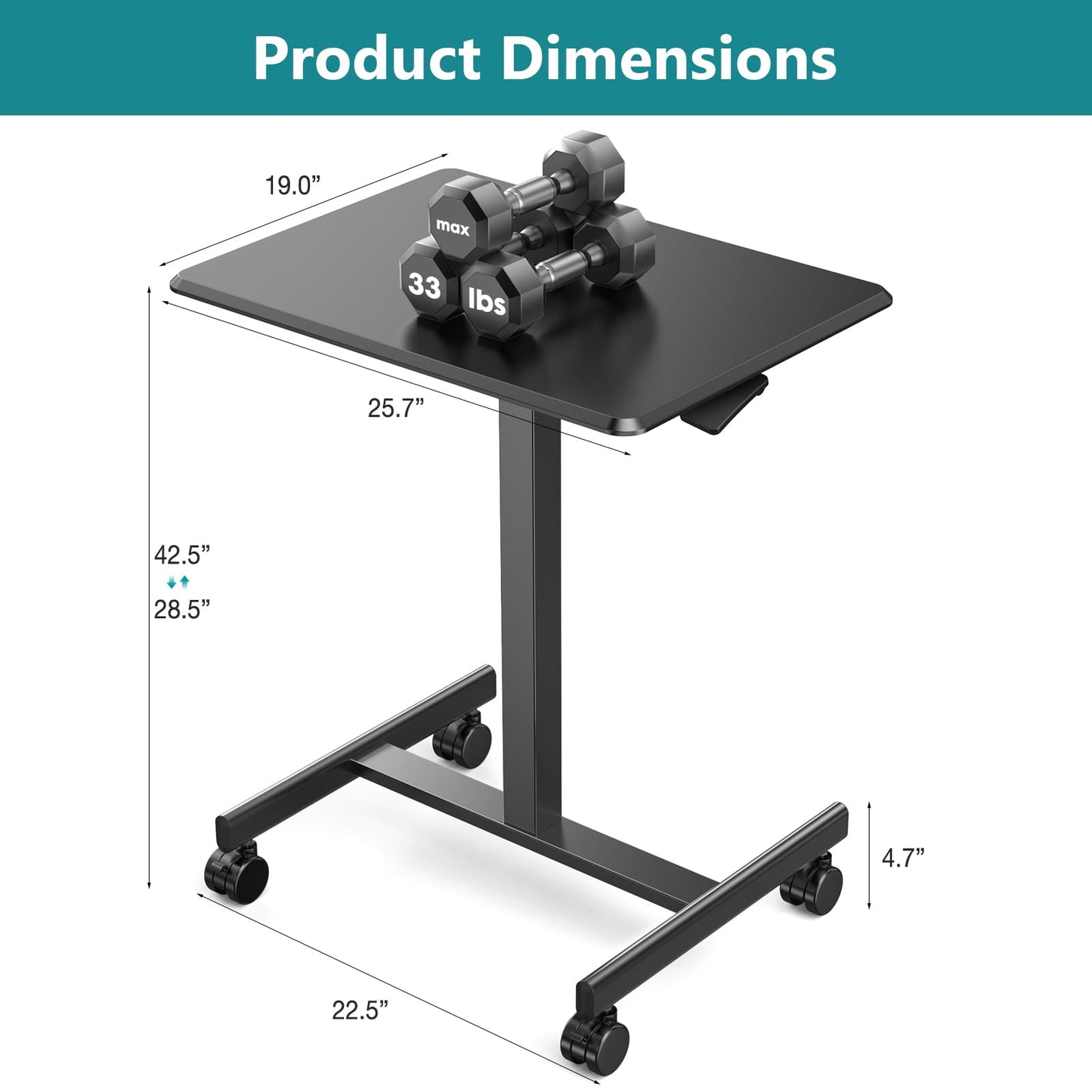 OLIXIS Small Standing Desk with Locking Wheels, Mobile Portable Rolling Laptop PC Table, Adjustable Height Computer Workstation for Home Office, 19 Inch, Black