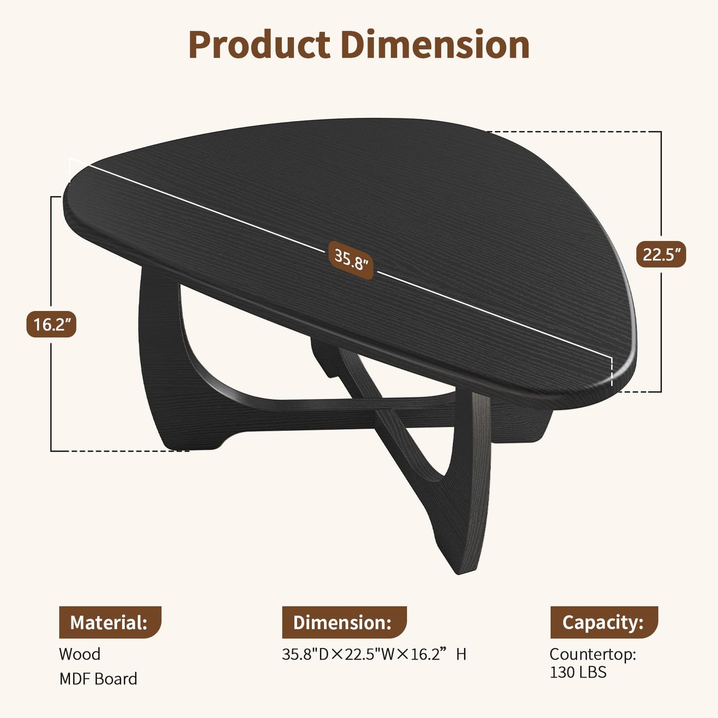 Curlaky Coffee Table for Living Room - Mid Century Modern Coffee Tables with Triangle Top, Unique Small Round Coffee Table, Wood Oval Tea Table with Solid Legs for Bedroom, 35.8"x 22.5" x 16.2" Black