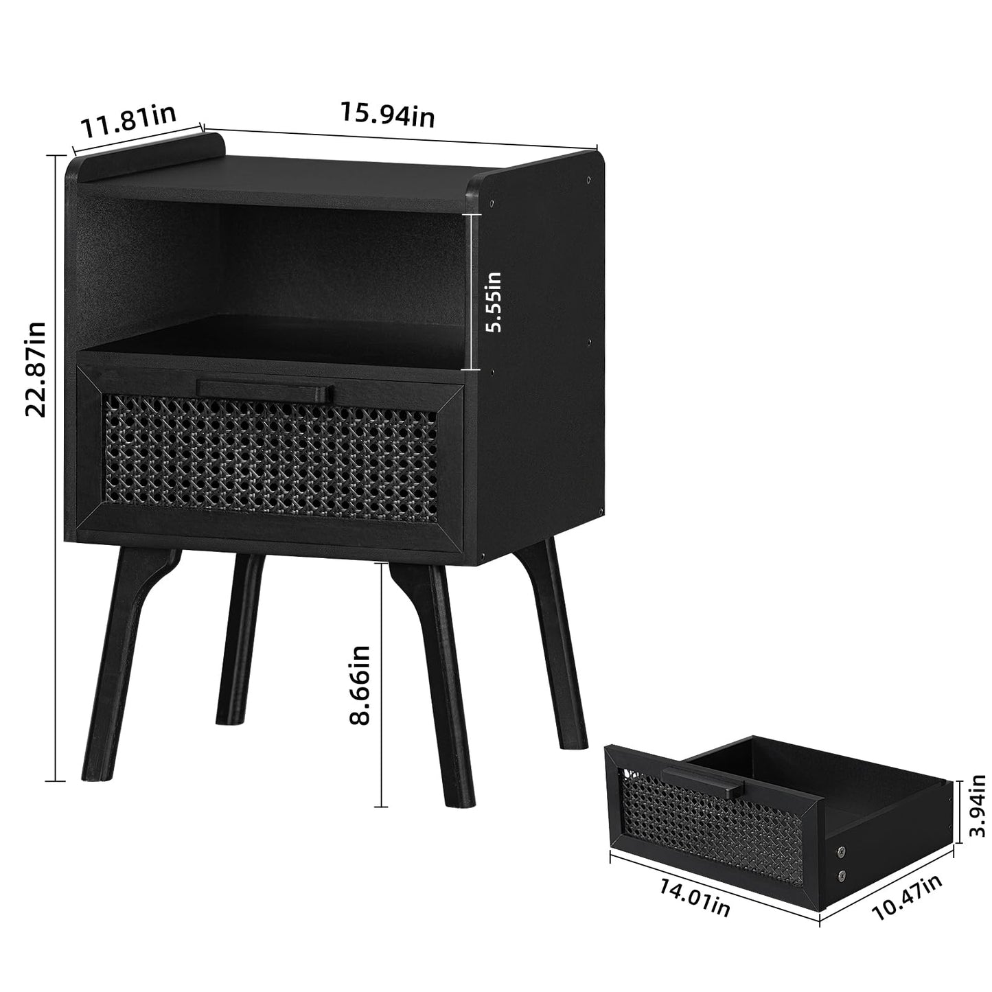 Lerliuo Rattan Nightstands Set of 2, Boho Side Table with Drawer Open Shelf, Cane Accent Bedside End Table with Solid Wood Legs for Bedroom, Dorm and Small Spaces (Black)