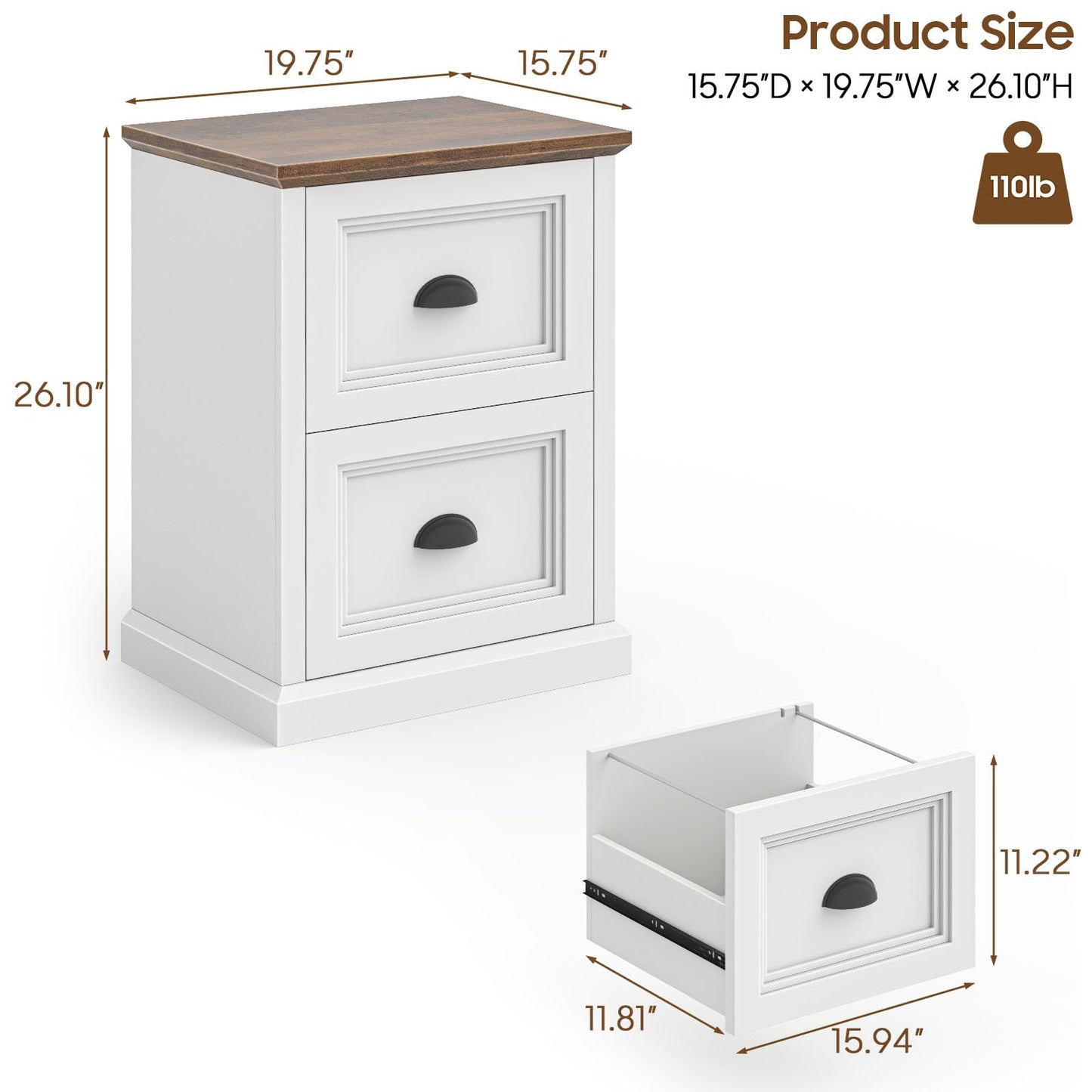 Halitaa Vertical File Cabinet, Filing Cabinet with 2 File Drawers, Farmhouse Small File Cabinet Fits Letter/A4 Size, Wooden Printer Stand, Under Desk Cabinets for Home Office, White