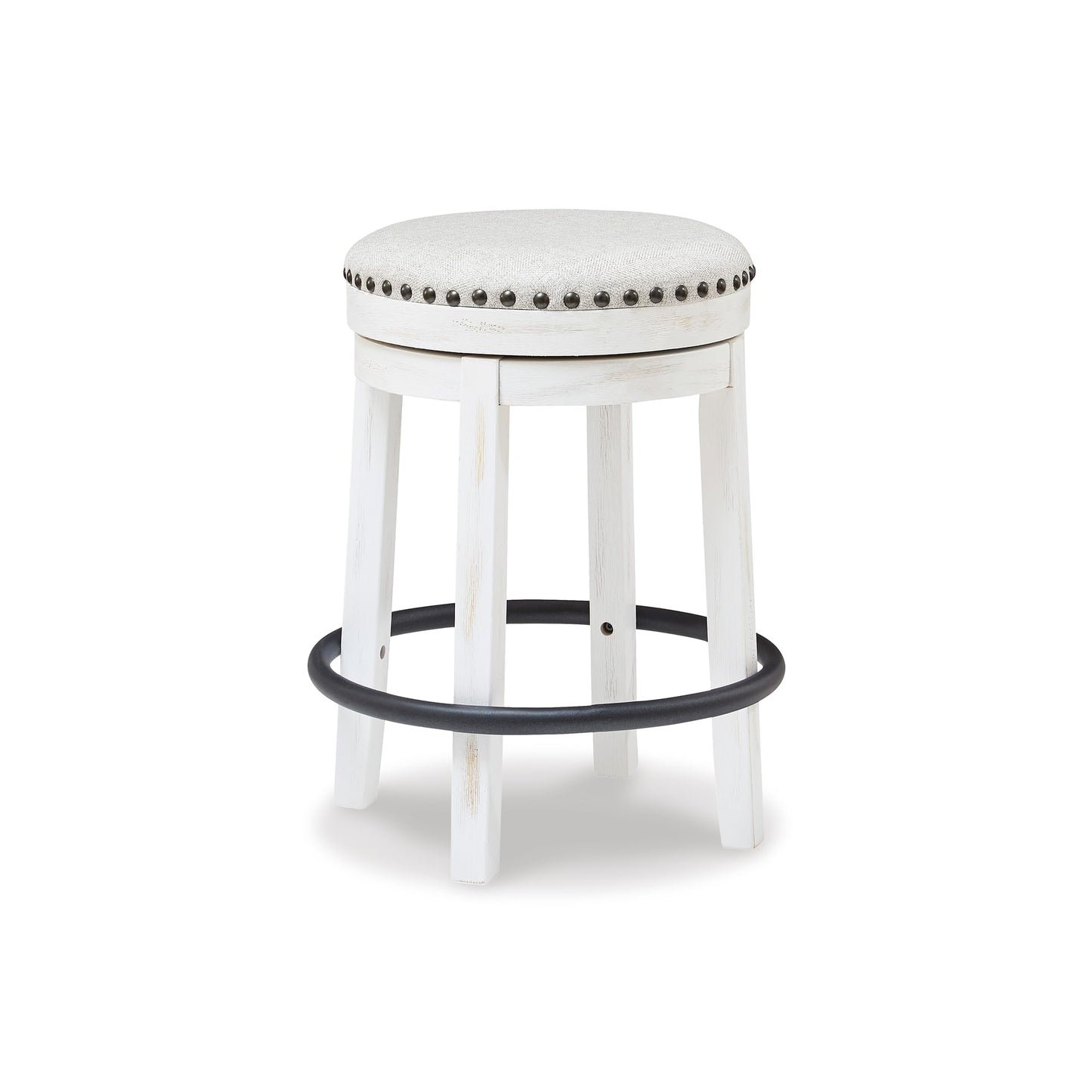 Signature Design by Ashley Valebeck Casual Upholstered Swivel Stool, Round Metal Footrest, Nailhead Trim Detail, Wood, 24", White & Black
