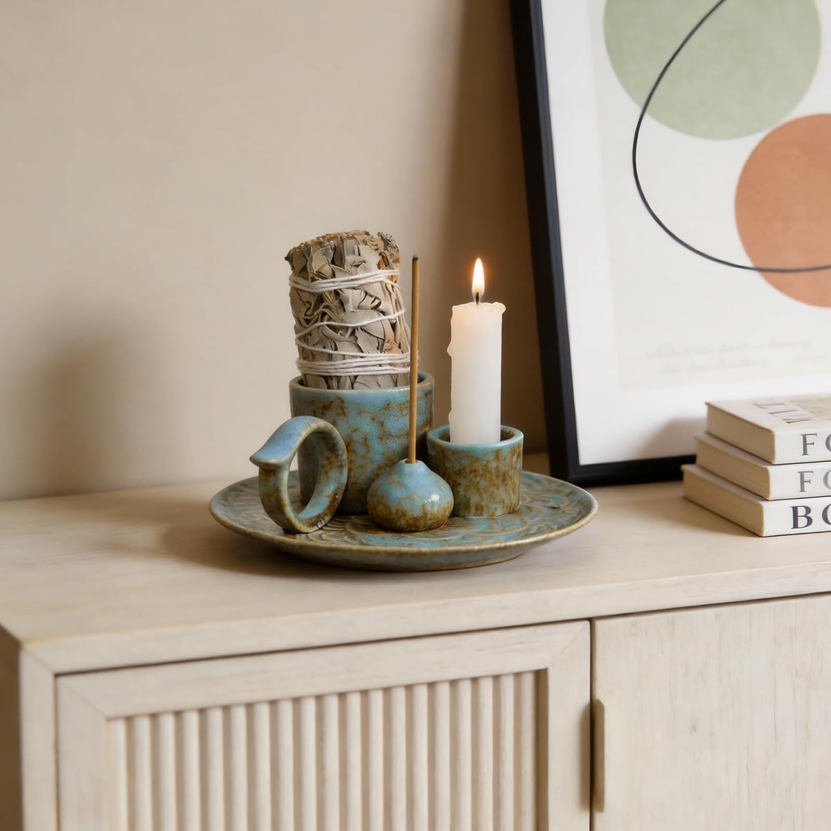Tnstbiee 4-in-1Blue Ceramic Palo Santo Burner Holder - Small Incense Burner & Smudge Tray Bowl for Incense Sticks/Cones & Sage - Ideal for Meditation Rooms,Zen and Aromatic Scents - Matches Compatible
