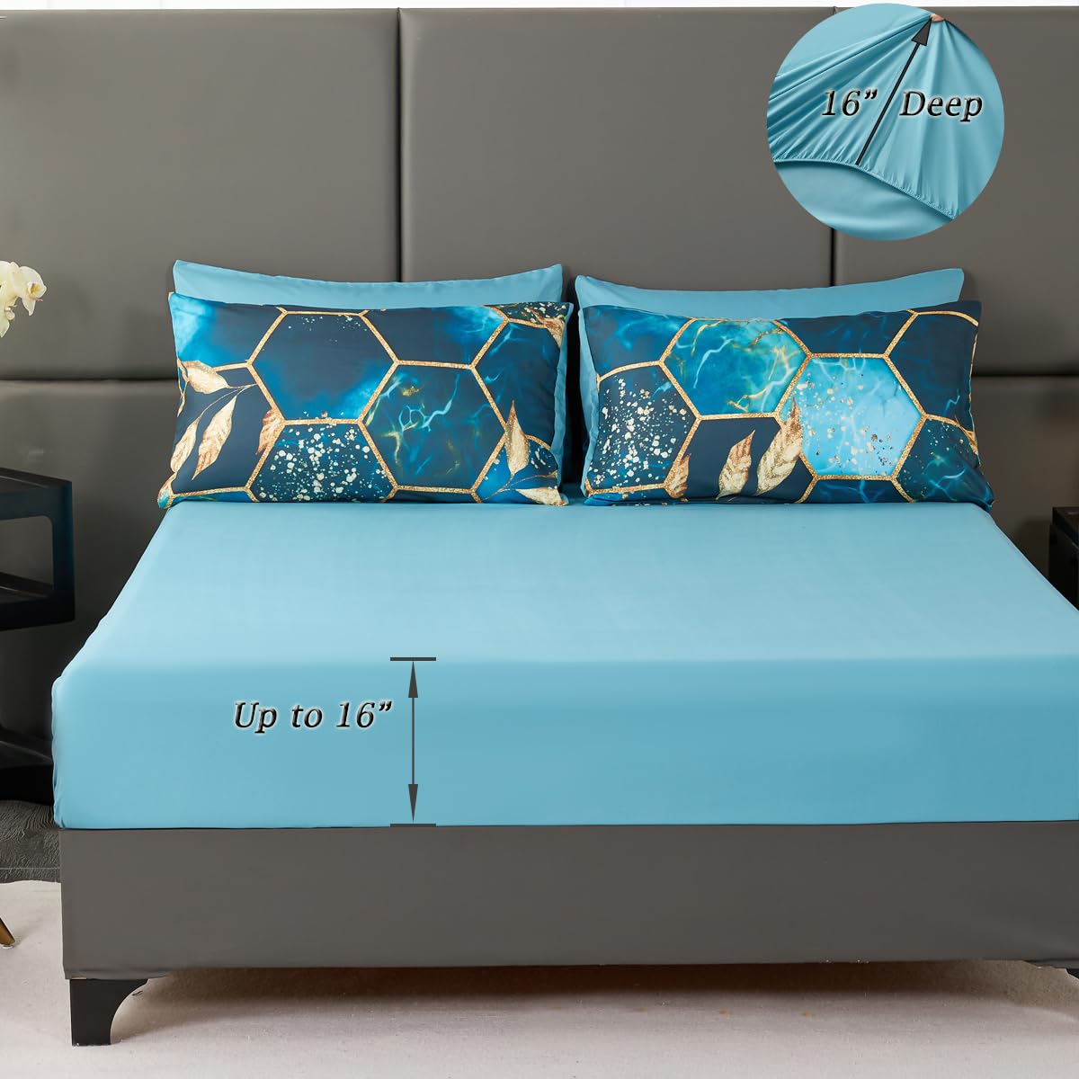 ZRNBAST Honeycomb Comforter Set - 7 Piece Hexagon Bedding Set - Full Size - Teal Gold - All Season - Down Alternative - for Teens & Adults
