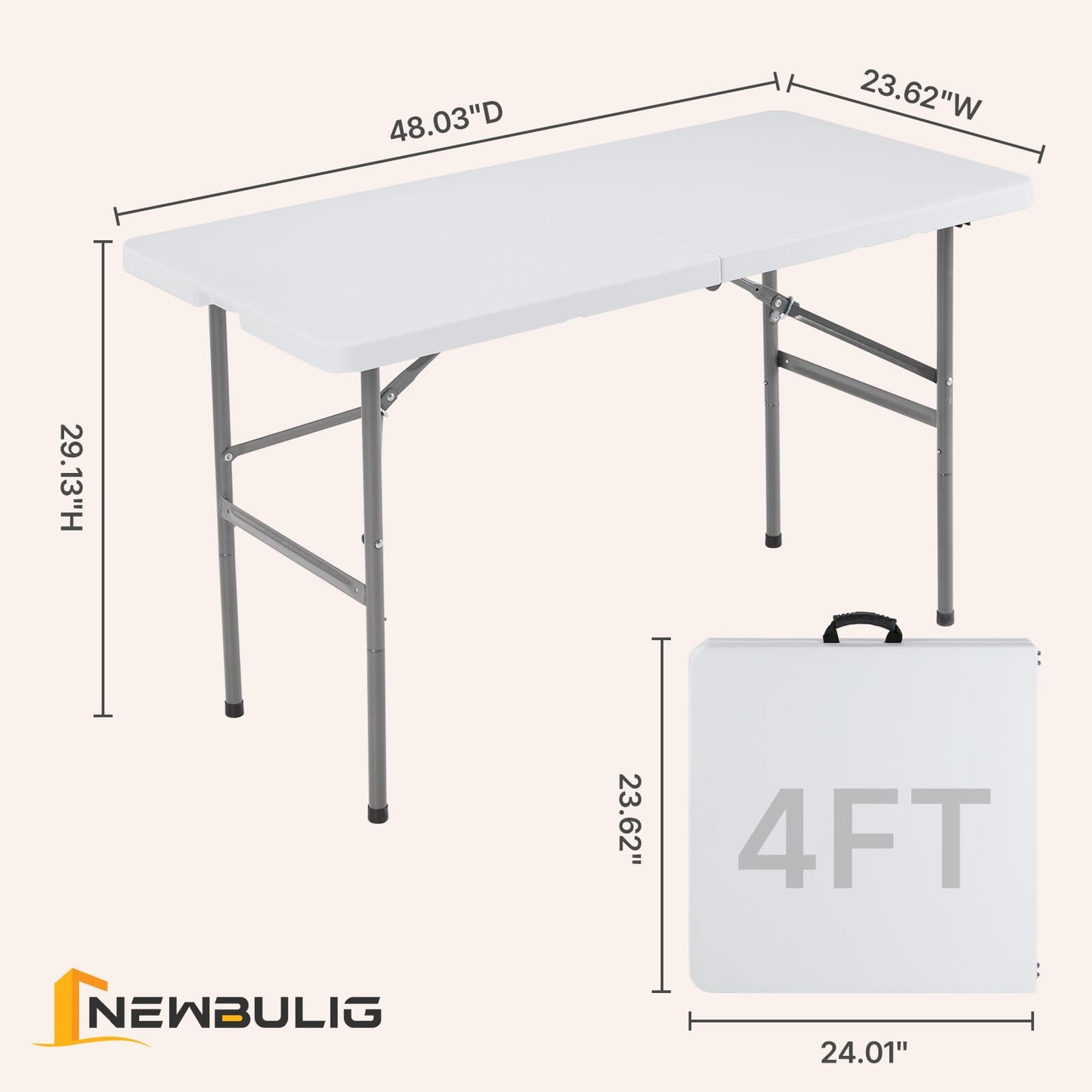 NEWBULIG 4 FT Foldable Table Easy to Fold and Store, Folding Picnic Table for Picnic Camping Kitchen Dining Party Outdoor Indoor with Carrying Handle, White