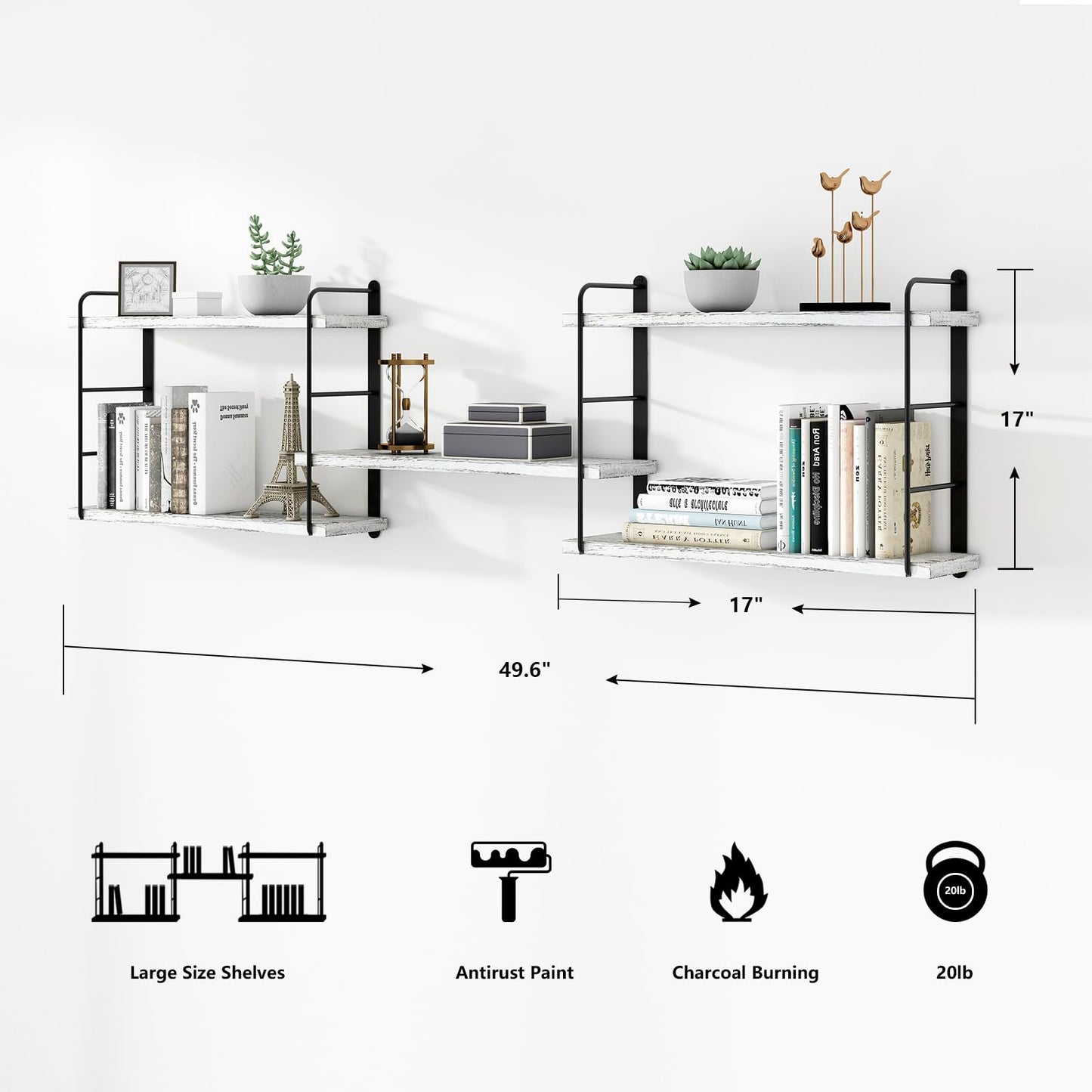 MXCSE Wall Shelves, Wall Mounted Bookshelves, DIY Floating Shelves for Wall, Wood Hanging Book Shelves for Room, Bedroom, Living Room, Easy Installation (Washed White, 50W x 17H)
