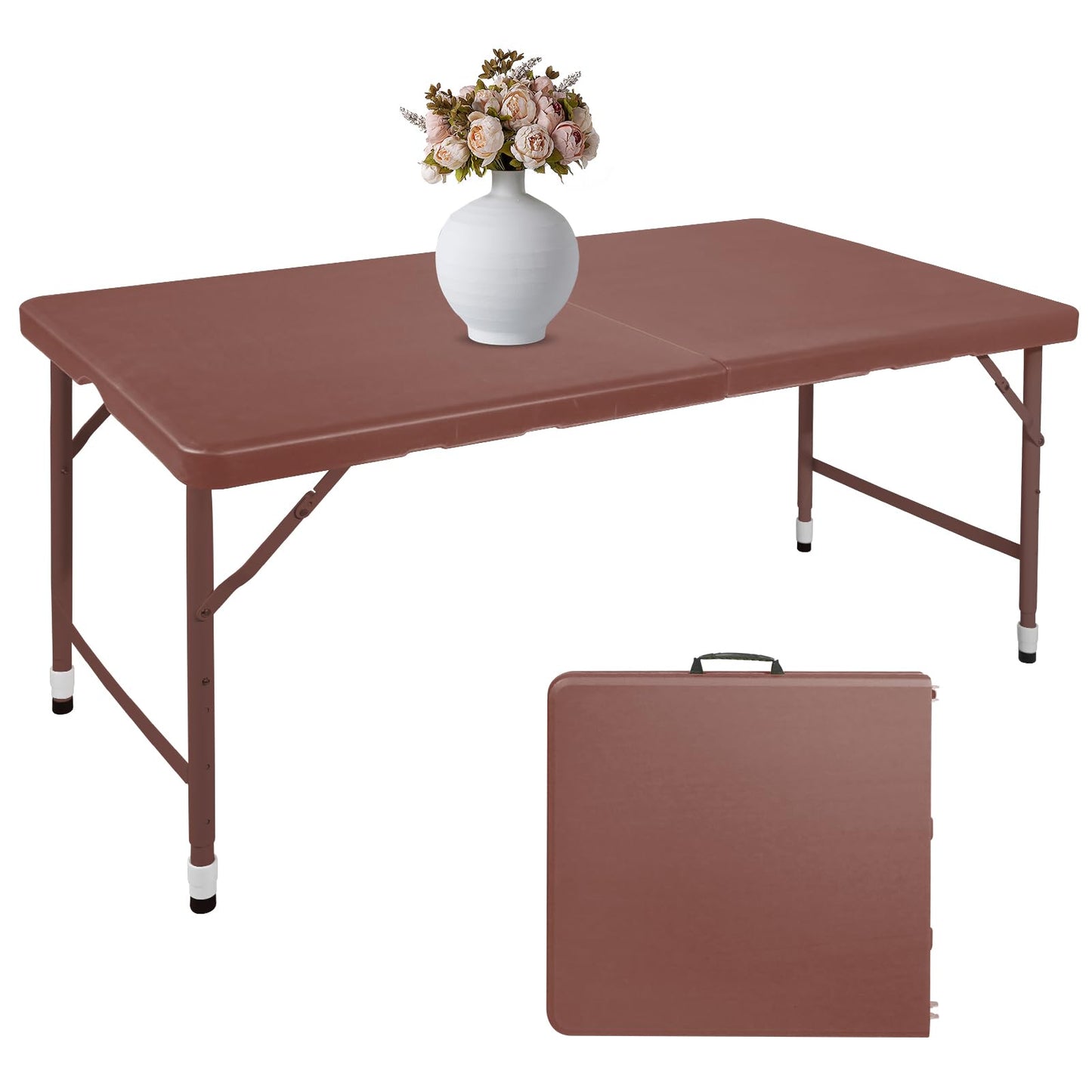 SculPong 4 FT Folding Table with Carry Handle, Portable Fold-in-Half Plastic Table, Rectangle Foldable Table for Indoor/Outdoor Brown