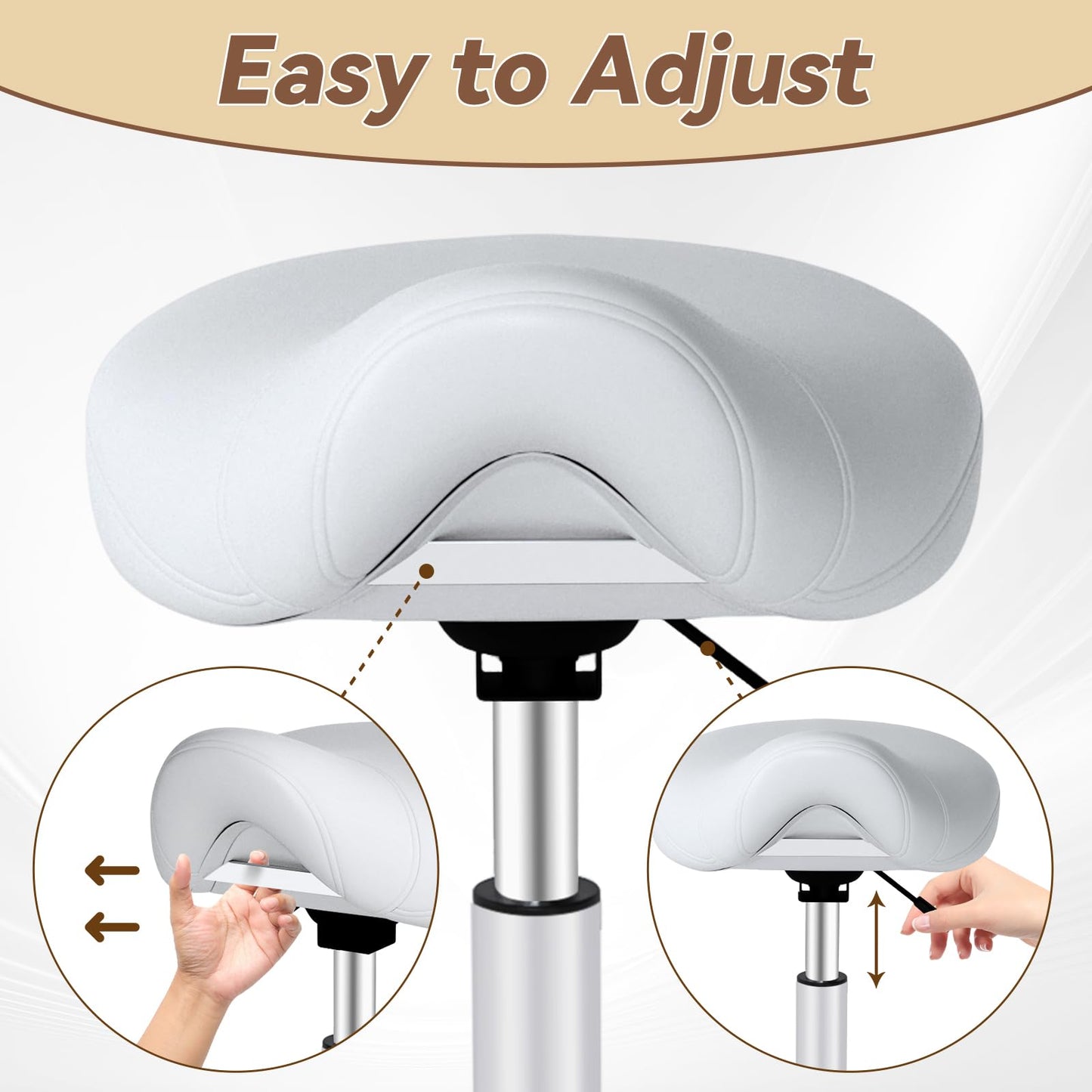 Saddle Stool Heavy Duty 400lbs - Ergonomic Thick Saddle Seat Cushion, Easy Height Adjustable, Healthy Posture No Pain, Smooth Rolling No Creaky Noises, Rolling Saddle Stool Chair with Wheels (White2)