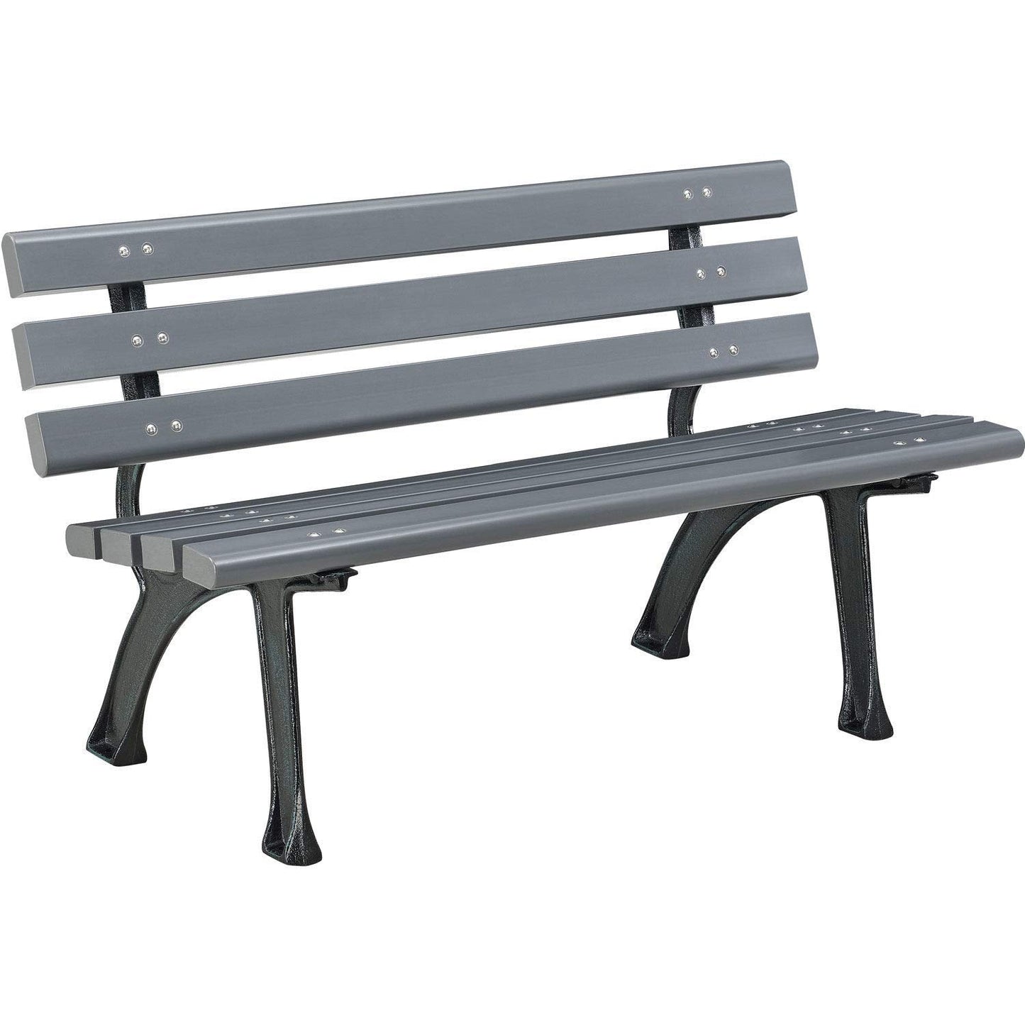 Global Industrial 4'L Outdoor Park Bench with Backrest, Recycled Plastic Slats, Wrought Iron Frame, 1100 lbs Capacity, Gray, Surface Mount, Easy Assembly