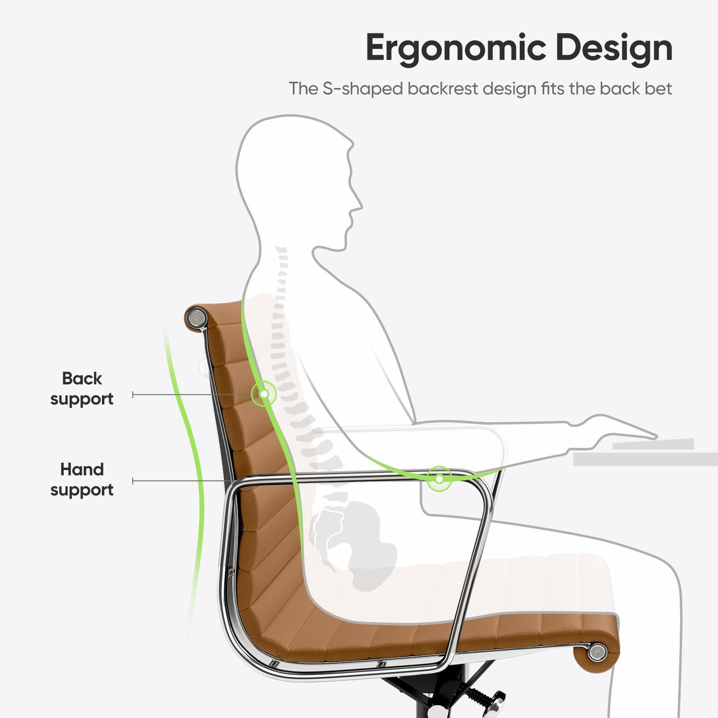 OTDMEL Ribbed Office Chair with Top Grain Leather - Mid Back Ergonomic Desk Chair with Aluminum Arms & Frame, Swivel Wheels & Tilt Function, Adjustable Height Light Brown, Mid-Back