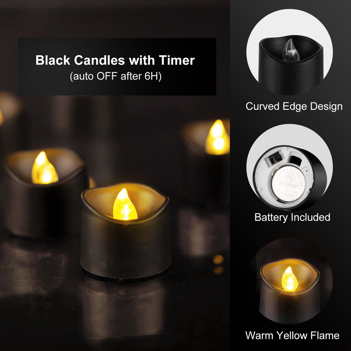 Windshell Black Tealight Candles with Auto 6H Timer (No Remote), Battery Operated LED Flameless Tea Lights, for Halloween Christmas Wedding, 12 Pack