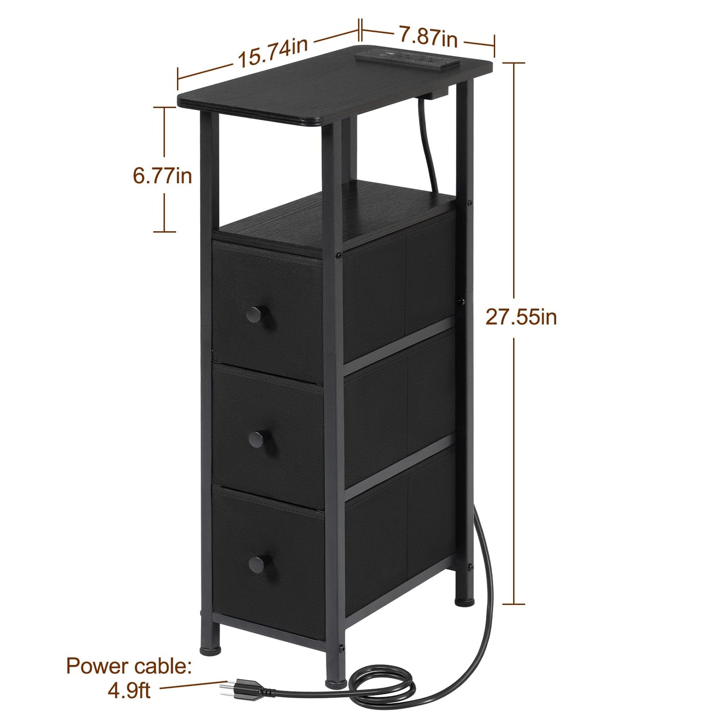 LOAKEKEL Narrow End Table Living Room with Charging Station, Skinny Side Table with Fabric Drawers, Slim LED Nightstand for Bedroom, Small Spaces, Couch, Black, HETNDP03LBK-1