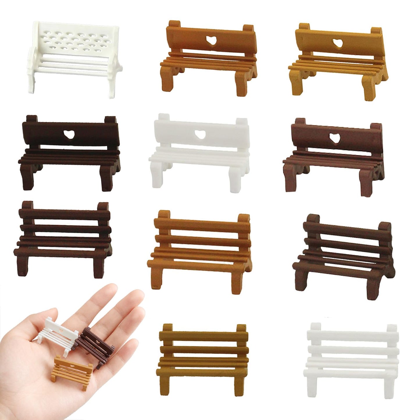 11Pcs 1:12 Scale Dollhouse Park Bench Furniture Set, Mini Park Scene Decor Ornaments for Adult Hobbyist & Micro Scene Collection (11Chairs)