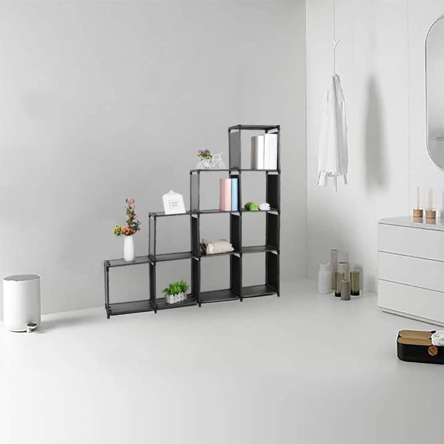 DazHom 10-Cube Storage Organizer Rack, Staircase Organizer Modular Bookcase, DIY Storage Organizer Closet Shelf, Bookcase in Living Room, Bedroom for Toys and Daily Necessities, Black