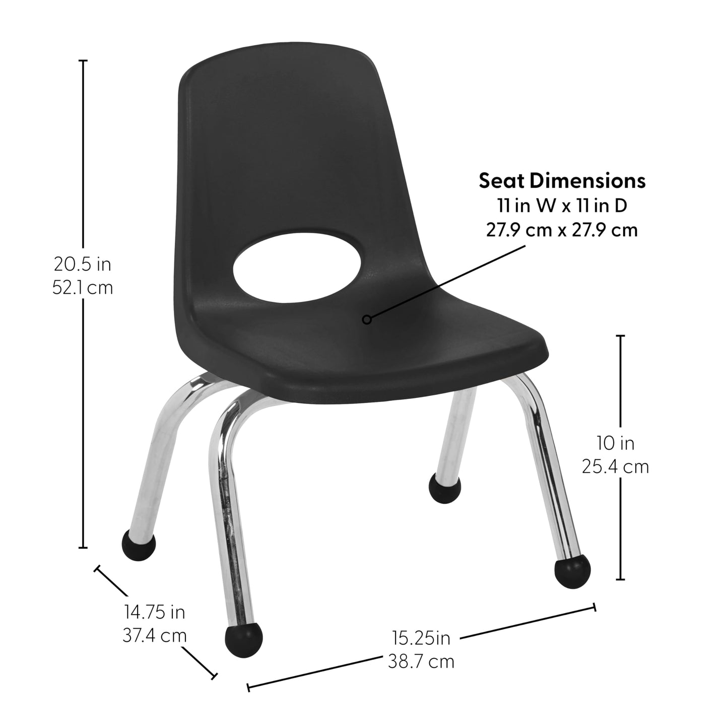 FDP 10" School Stack Chair, Stacking Student Seat with Chromed Steel Legs and Nylon Swivel Glides for in-Home Learning or Classroom - Black (4-Pack), 13227-BK