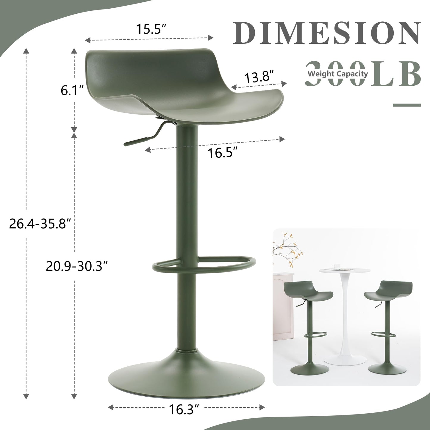 YOUNIKE Adjustable Height Bar Stools Set of 2 Plastic Swivel Barstool with Low Back Modern Kitchen Counter Island Bar Chairs for Breakfast Nook Cafe Bars Olive Green
