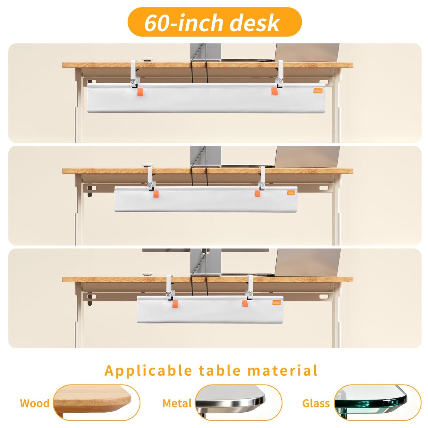 SUREUP9 Under Desk Cable Management Tray, 36" No Drill Cable Management Under Desk, Storage Table Under Desk Organizer with Clamp/Screws, Standing Cord Organizer Tray White Fabric for Home Office
