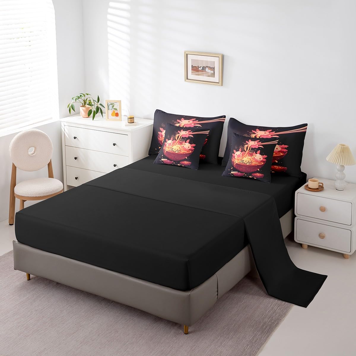 Erosebridal 7Pc Ramen Noodle Queen Bedding Set,Funny Axolotl Comforter Set Ramen Gifts for Kids Adults,Japanese Anime Style Bed Set Food Themed Bed in a Bag with Fitted Sheet,Flat Sheet,Pillowcases