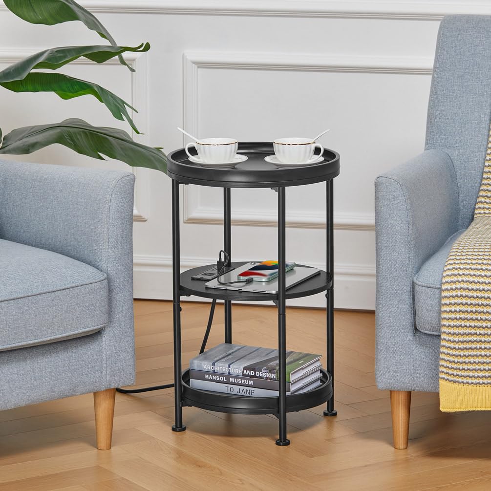 Dulcii Round Side Table with Charging Station, 24'' End Table with 3 Shelves for Living Room, Bedroom Nightstand with Steel Frame for Small Spaces, Industrial Round Sofa Table (USB+Black)