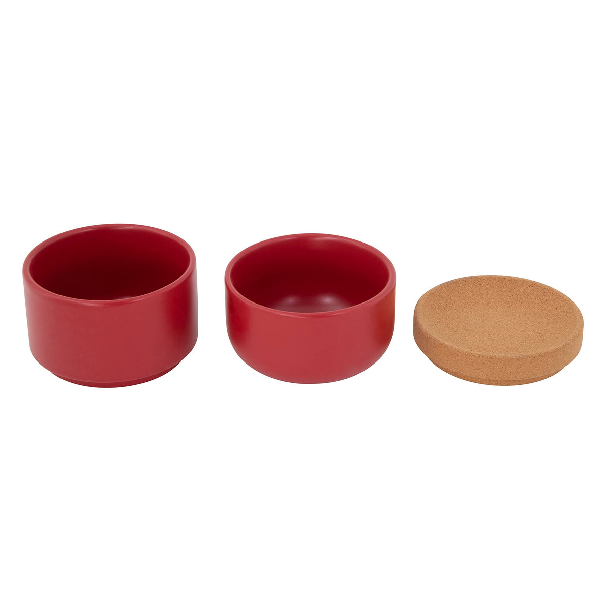 Ceramic and Cork 3 Piece Stackable Salt and Pepper Cellar For Countertop Space Saving1Easy Lift Lid to Retain Freshness for Easy Open, Natural Cork and Red Ceramic