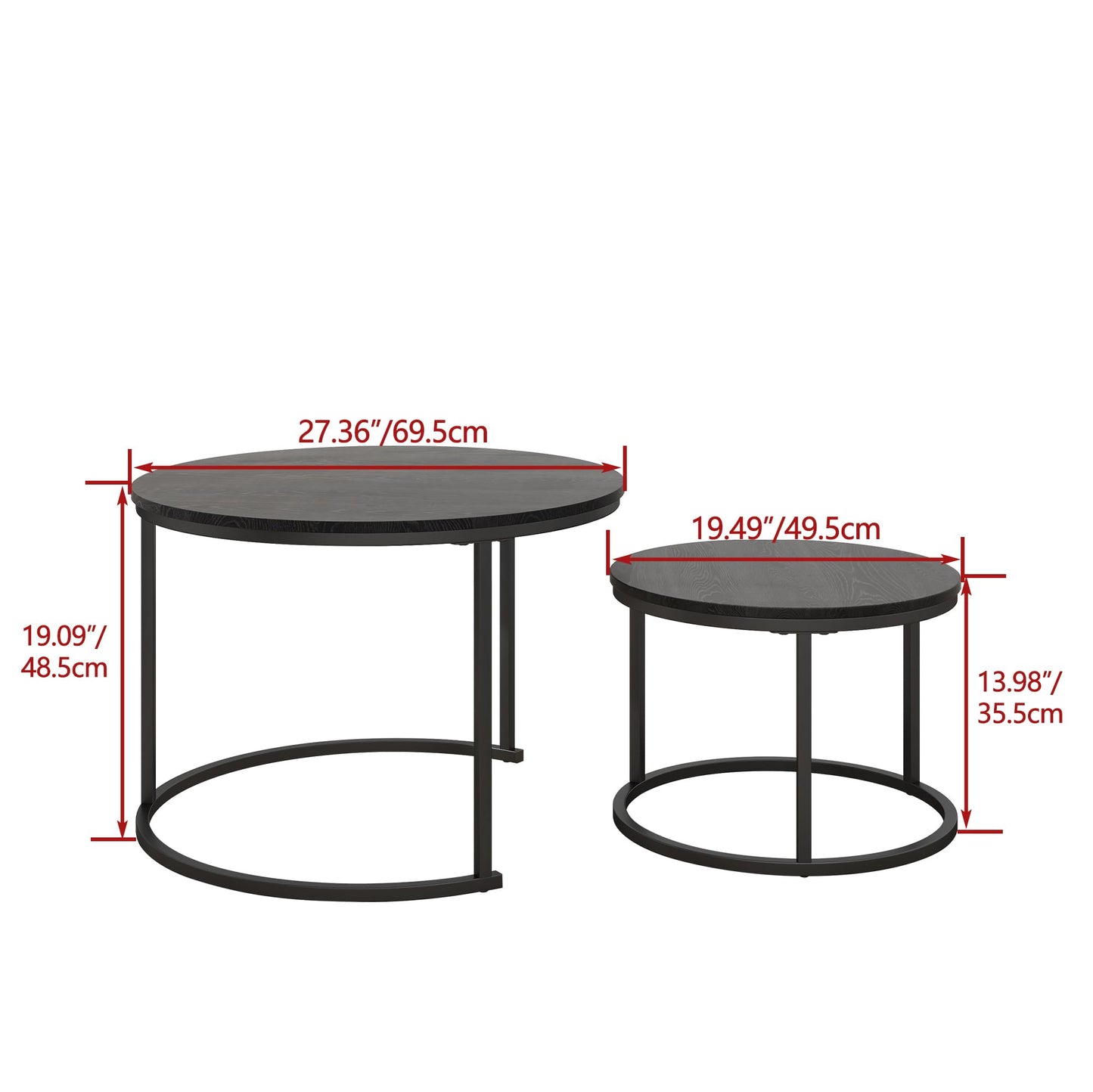 HOJINLINERO Round Coffee Table,Nesting Coffee Table Set of 2,Center Tables for Living Room,Office, Home Small Space,Stacking Side Tables,Sturdy and Easy Assembly,Wood Desktop,Black,Large