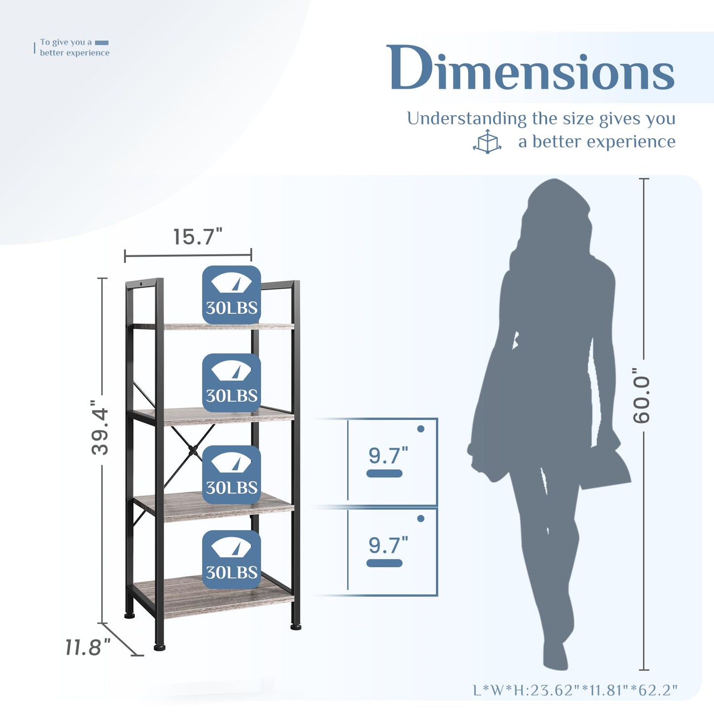 DUMOS 4 Tiers Open Bookshelf, Classic Freestanding Tall Display Shelf, Multifunctional Storage Organizer Rack for Living Room Home Office, Sturdy Bookcase for Books/Movies, Wood Grey