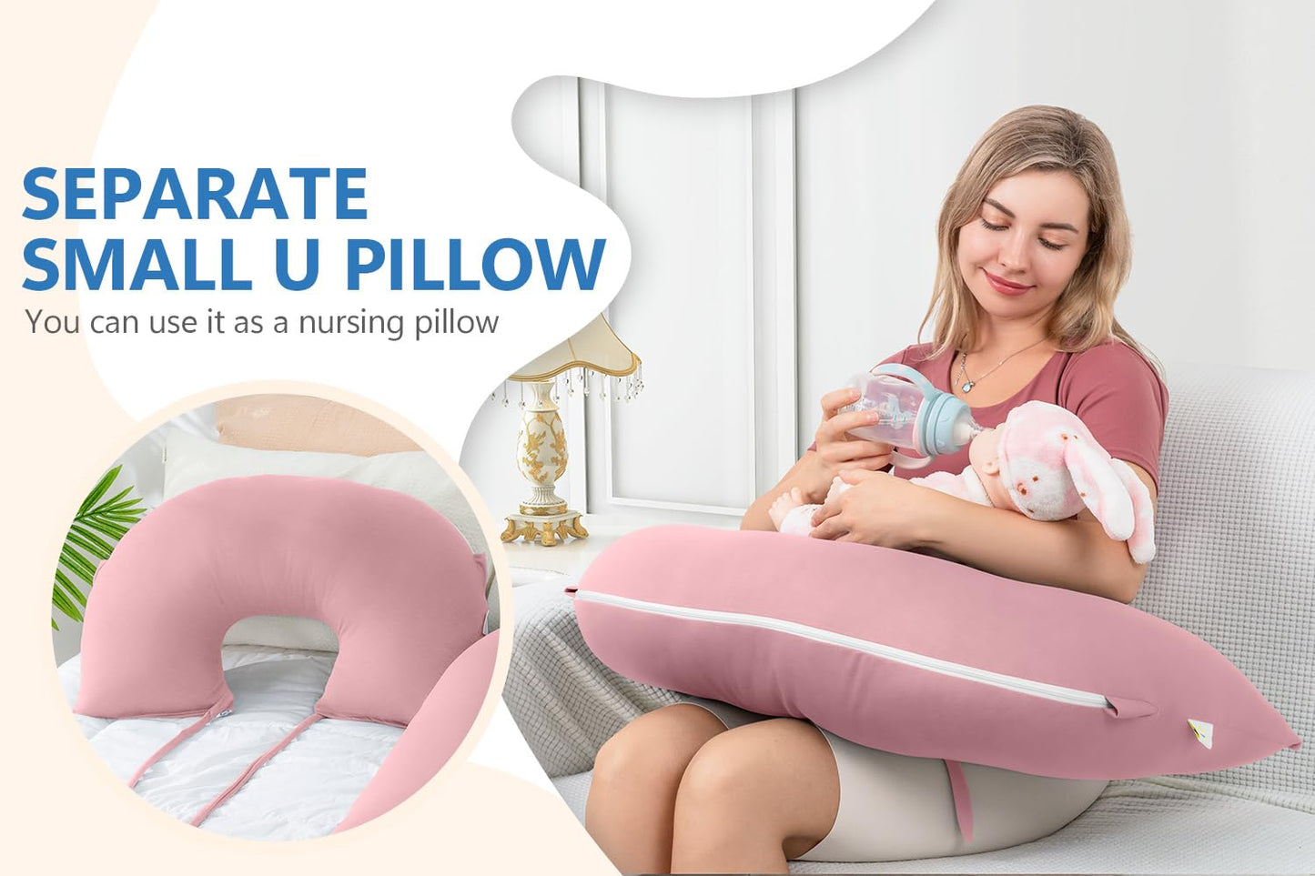 INSEN Pregnancy Pillows, Multi-use Maternity Pillows for Sleeping and Nursing, U Shaped Pillow for Adults (Cooling Tencel-Pink)