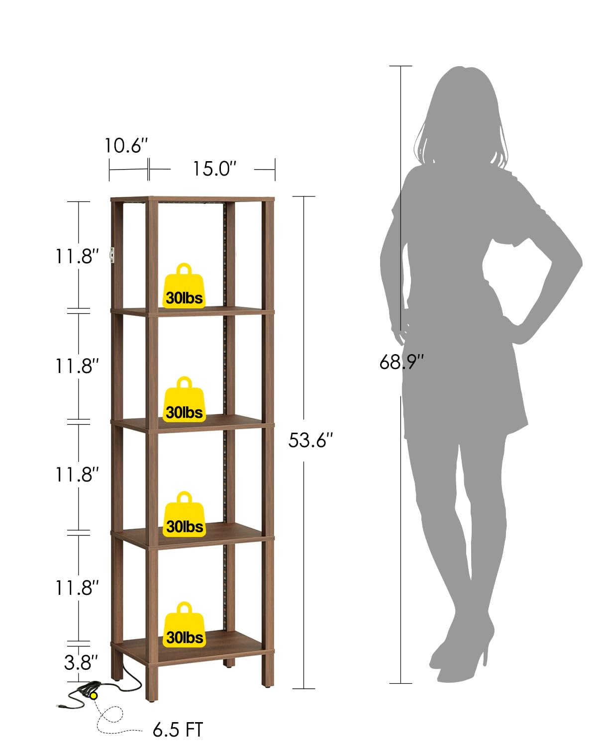 Apetaccat Open Book Shelf with LED Lights, 5 Tier Tall Bookshelf, Freestanding Shelf Narrow Bookcase with Open Shelves, 14.96" x 10.63" x 53.54", Book Shelves for Living Room, Office, Study, Walnut