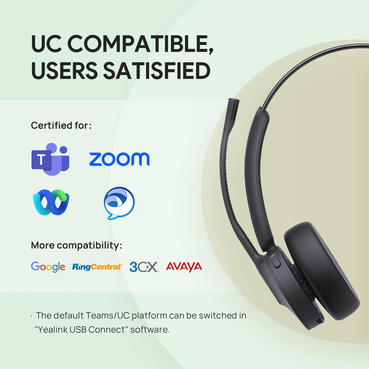 Yealink BH70 Mono Teams Wireless Headset with Mic for Work, Microsoft Teams Certified Bluetooth Headphone for 35h Calling, 91g All-Day Wearing Comfort, Perfect for Open Office, USB-C/A