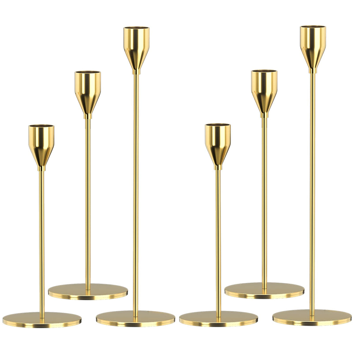Gold Candle Holders 6Pcs/ 2 Set - Elegant Metal Candlestick Holders for 3/4 InchTaper & LED Candles, Weddings, Parties, Home Decor - Decorative Centerpieces for Table, Mantle, Fireplace