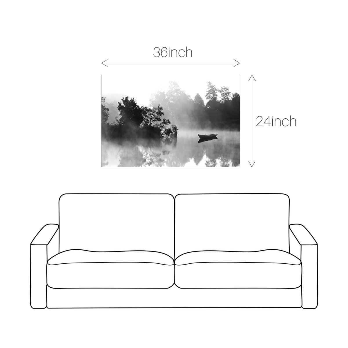 Nature Lake Wall Art Canvas: Foggy Forest Landscape Picture Water Scenery Print Black Boat Artwork Decor Calming Painting for Living Room Bedroom Home Office
