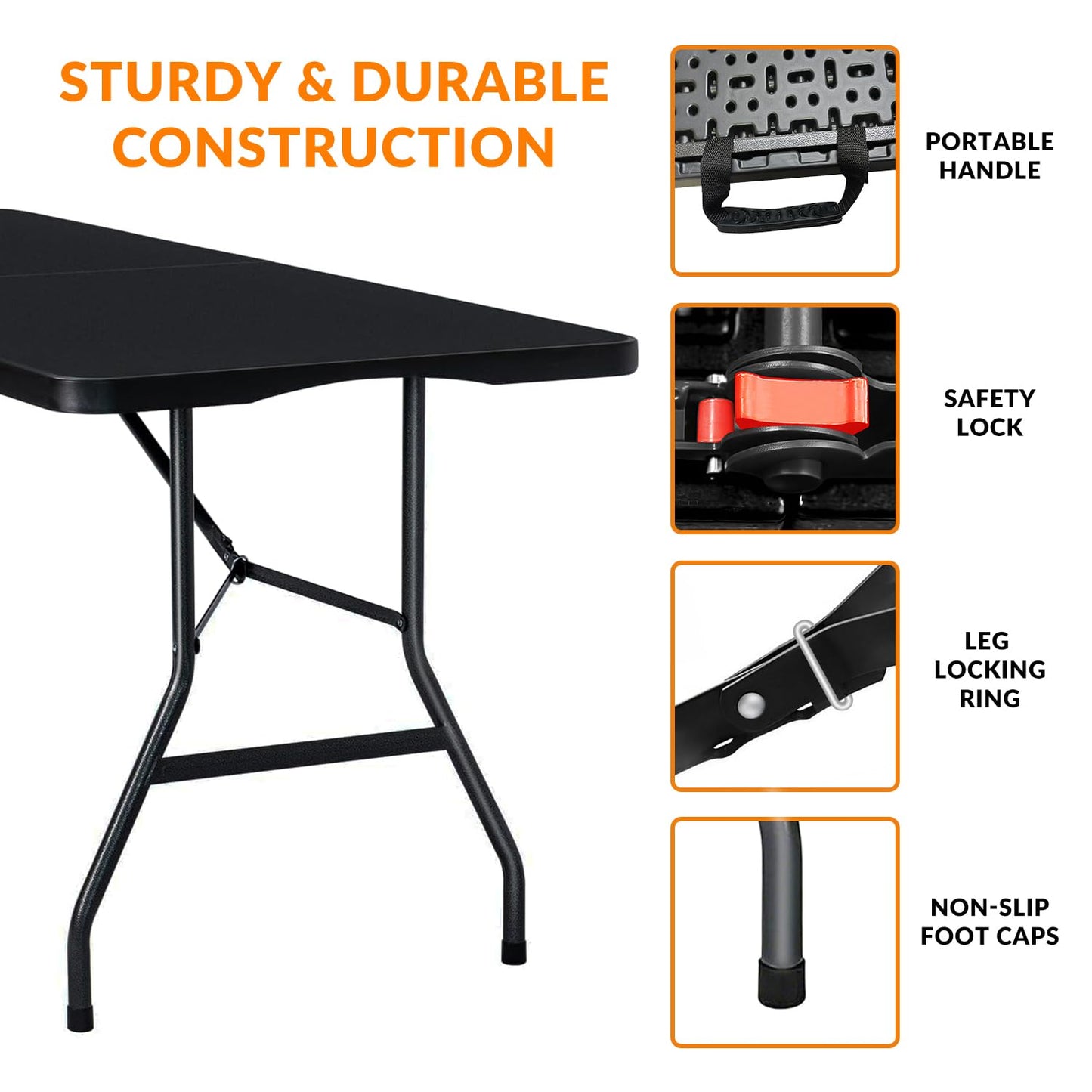 Lakhow Folding Table 6ft Heavy Duty Portable Plastic Fold-in-Half 6 Foot Foldable Table Indoor Outdoor with Parties, Camping Picnic,Folds in Half for Easy Storage, No Assembly Required, Black