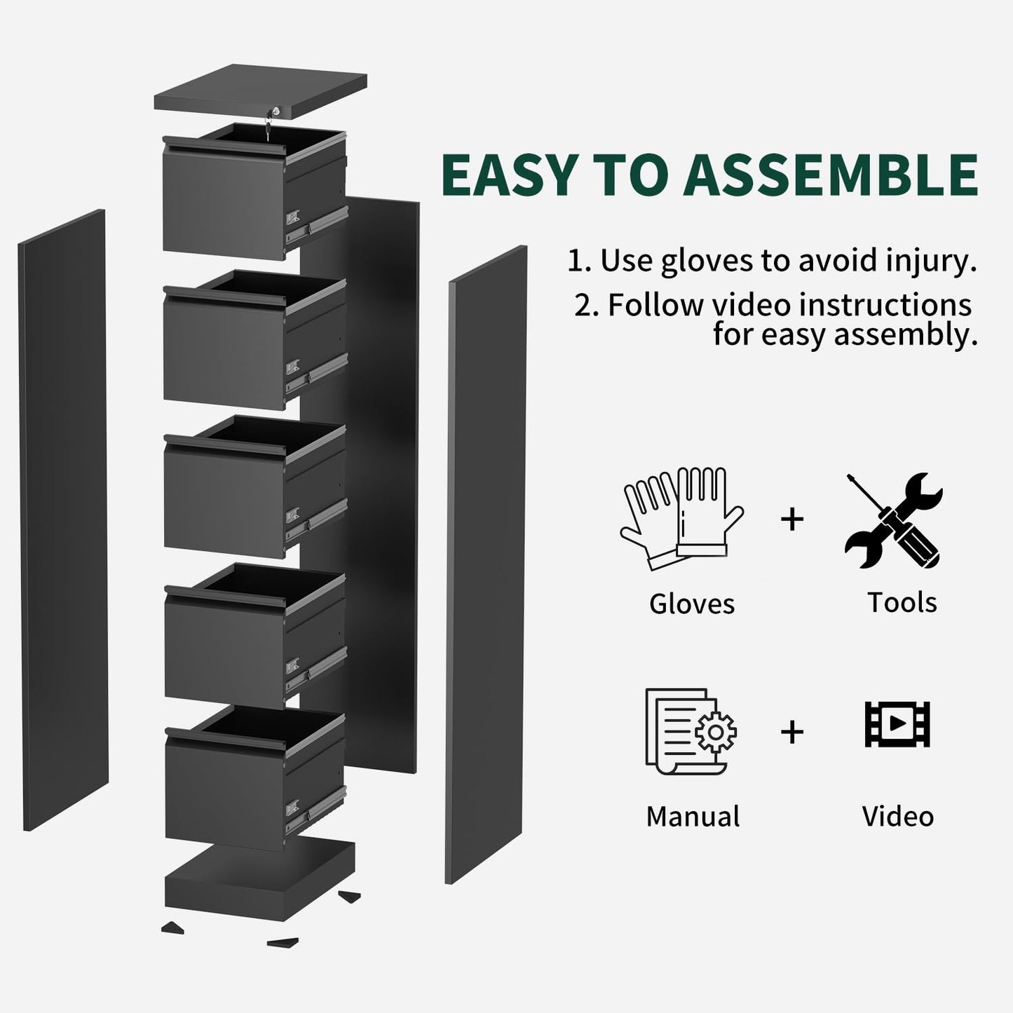 4 Drawer File Cabinet with Lock, Metal Vertical File Cabinets for Home Office, Office Furniture for Organization Hanging Legal/Letter/A4, Office File Cabinet Storage Cabinet, Require Assembly, Black